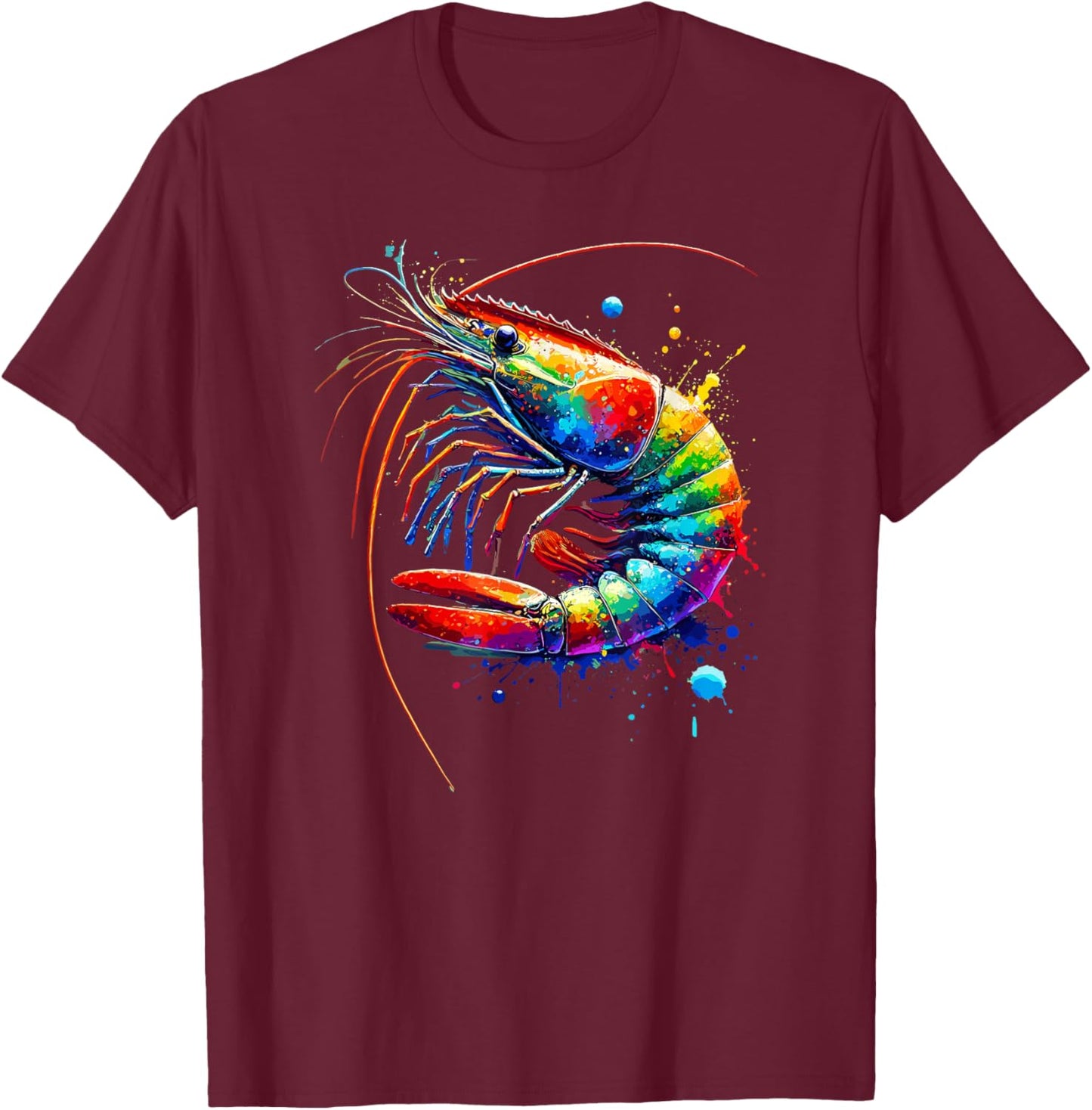 Colorful Splash Art Shrimp Shrimp , Black, S T-Shirt - T-Shirt | Maroon