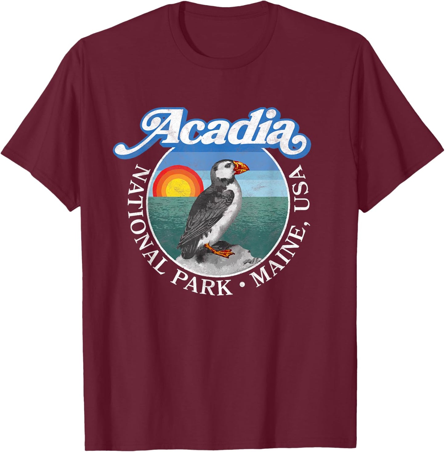 Retro Acadia National Park Vintage Maine Puffin T-Shirt - T-Shirt | Maroon