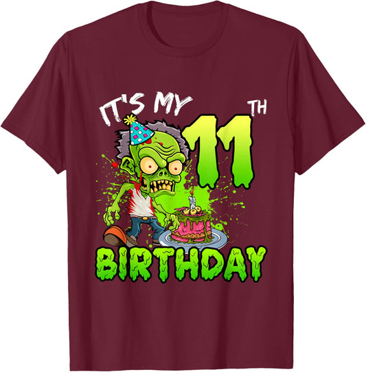 It's My 11th Birthday Zombie Lover 11 Year Old Boys Girls T-Shirt - T-Shirt | Maroon