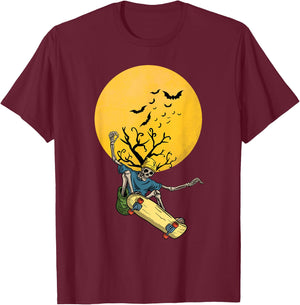 Skateboarding skeleton on the moon night with bats Halloween T-Shirt - T-Shirt | Maroon