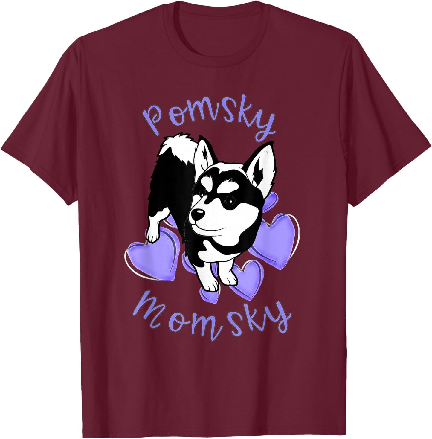 Cute Pomsky Momsky Black and White Pomsky Mom Purple Hearts T-Shirt - T-Shirt | Maroon