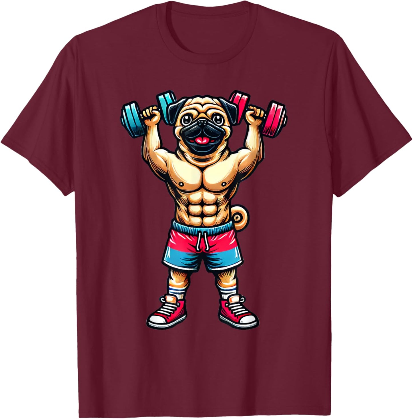 Dog Pug Powerlifting Weightlifting Gym Workout T-Shirt - T-Shirt | Maroon