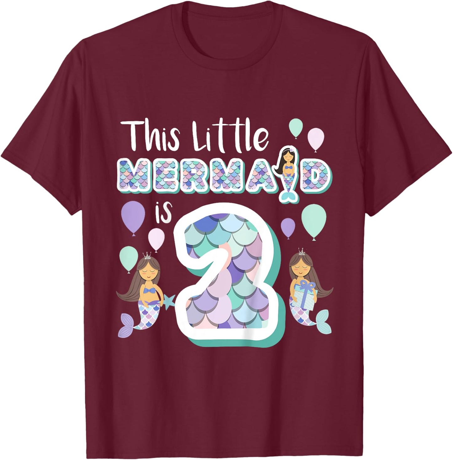 2 Year Old Mermaid Birthday Party Theme Girl 2nd Girls Gift T-Shirt - T-Shirt | Maroon