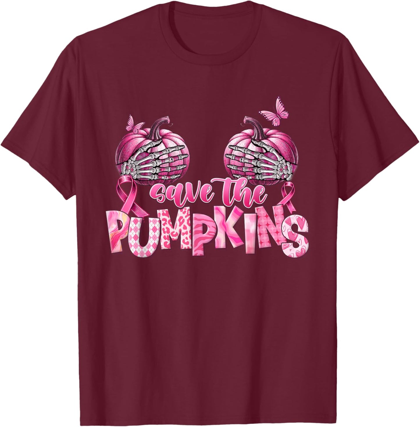 Save The Pumpkins Pink Ribbon Breast Cancer Awareness T-Shirt - T-Shirt | Maroon