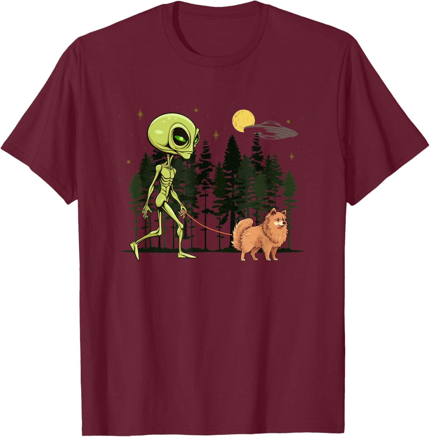 Funny German Spitz Alien Walking UFO Pet Dog Mom Dad T-Shirt - T-Shirt | Maroon
