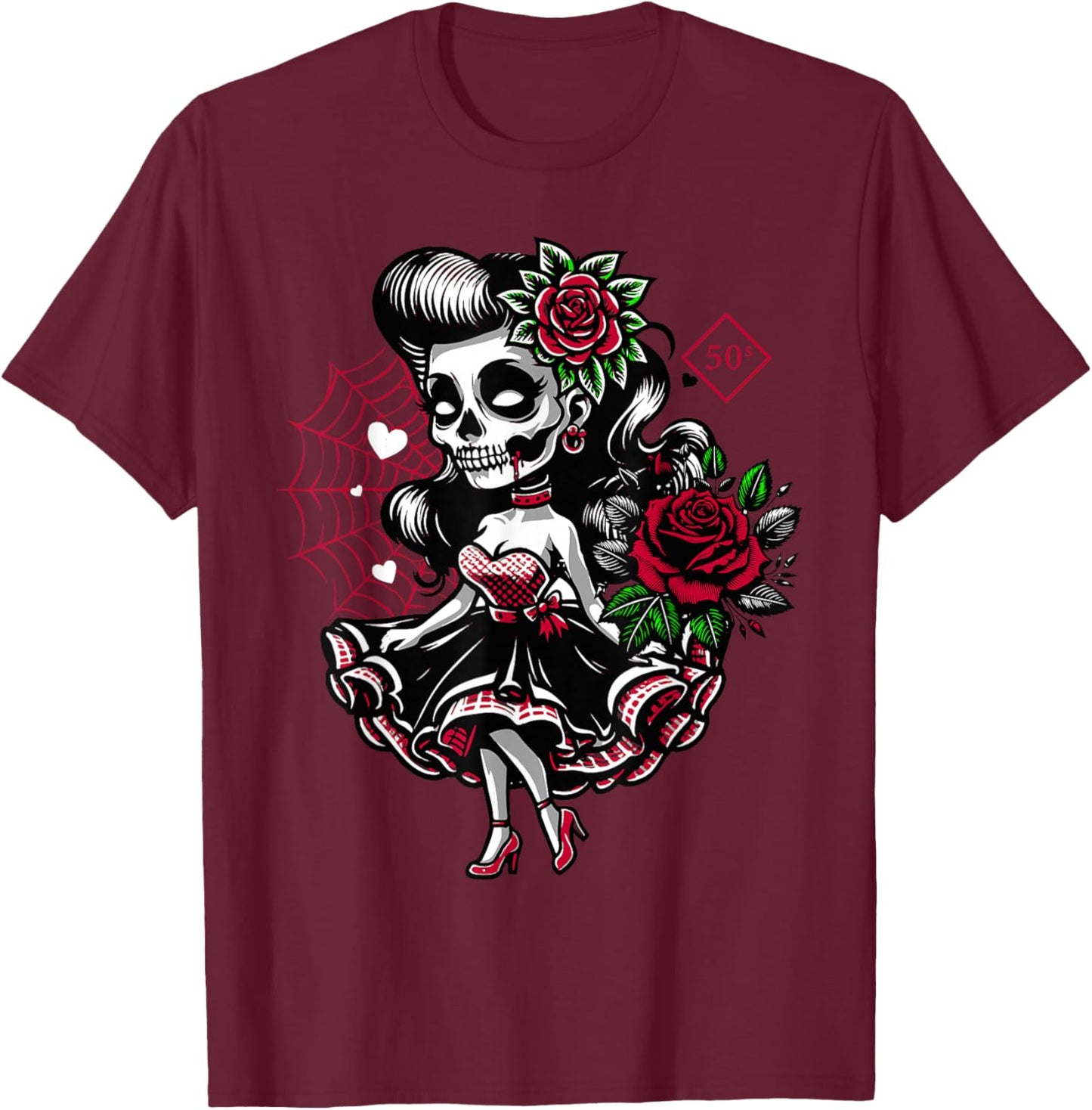Kawaii Rockabilly Skelett Pin Up Horror Rebel T-Shirt - T-Shirt | Maroon