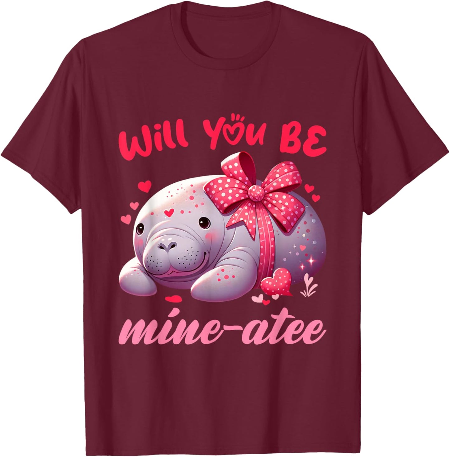 Valentine Manatee Cute Valentine Hearts T-Shirt - T-Shirt | Maroon