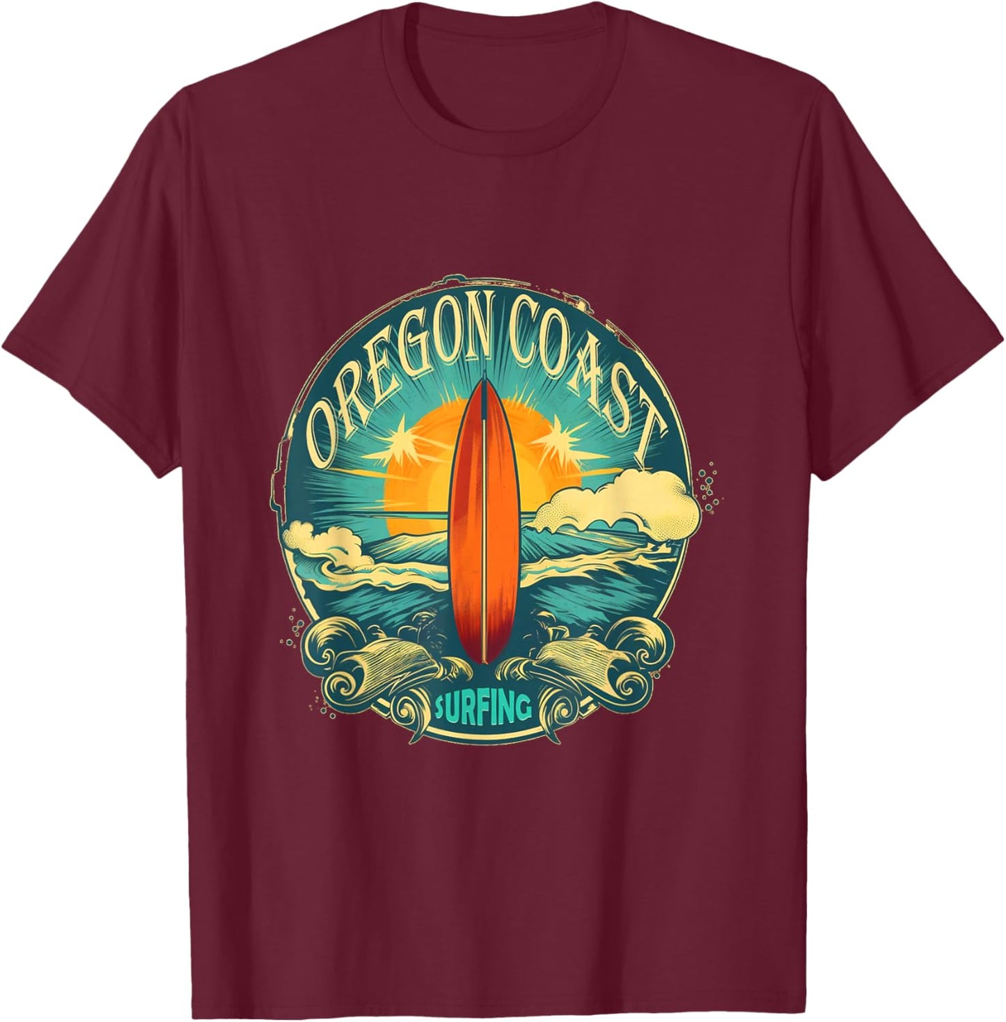 Oregon Coast Distressed Vintage Look Surf Surfing Surfboard T-Shirt - T-Shirt | Maroon