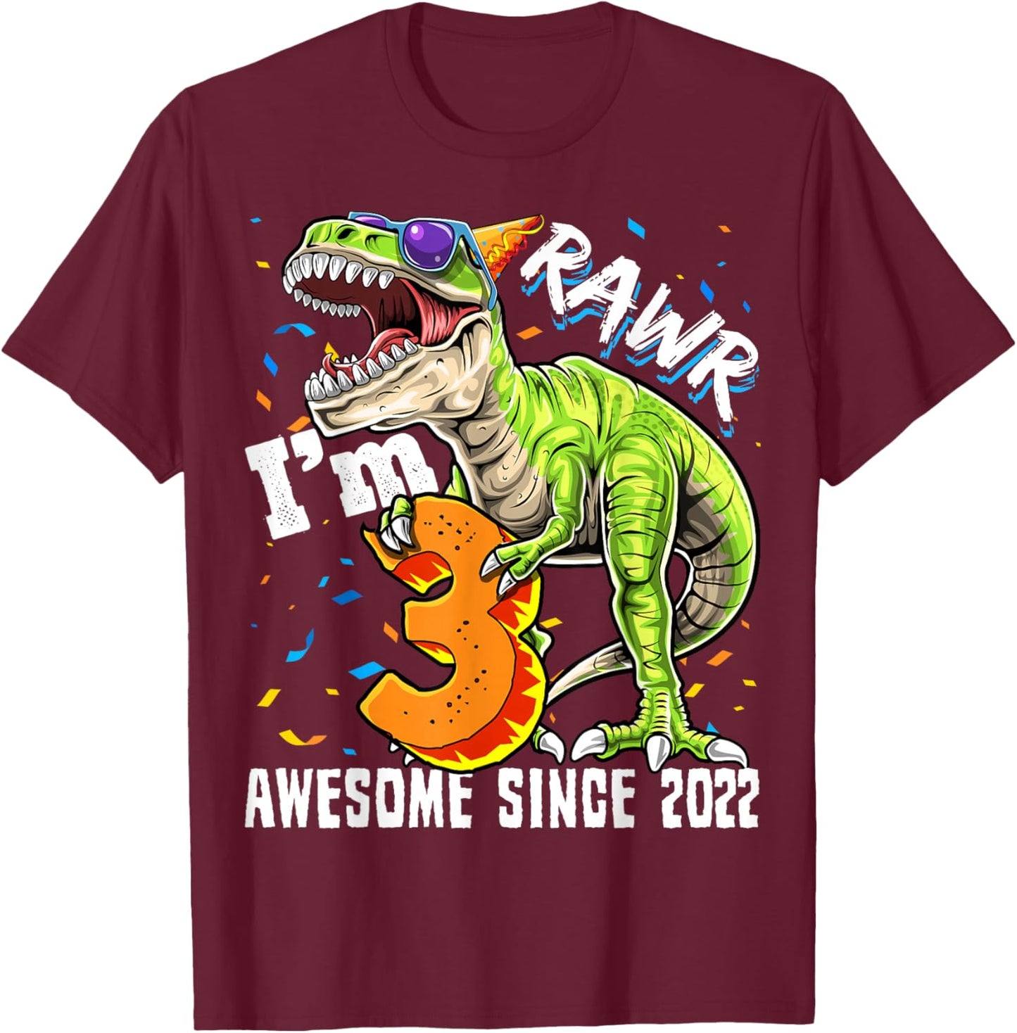 3rd Birthday T Rex Dinosaur Party Boys Rawr I'm 3 T-Shirt - T-Shirt | Maroon