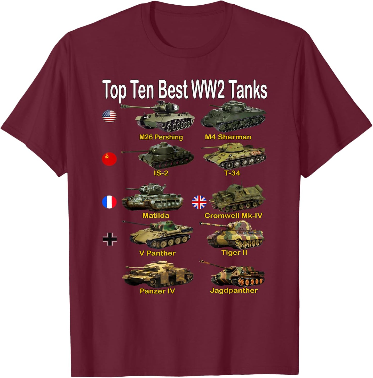 Top Ten Best WW2 Tanks | Sherman Panzer Panther Tiger T-34 T-Shirt - T-Shirt | Maroon