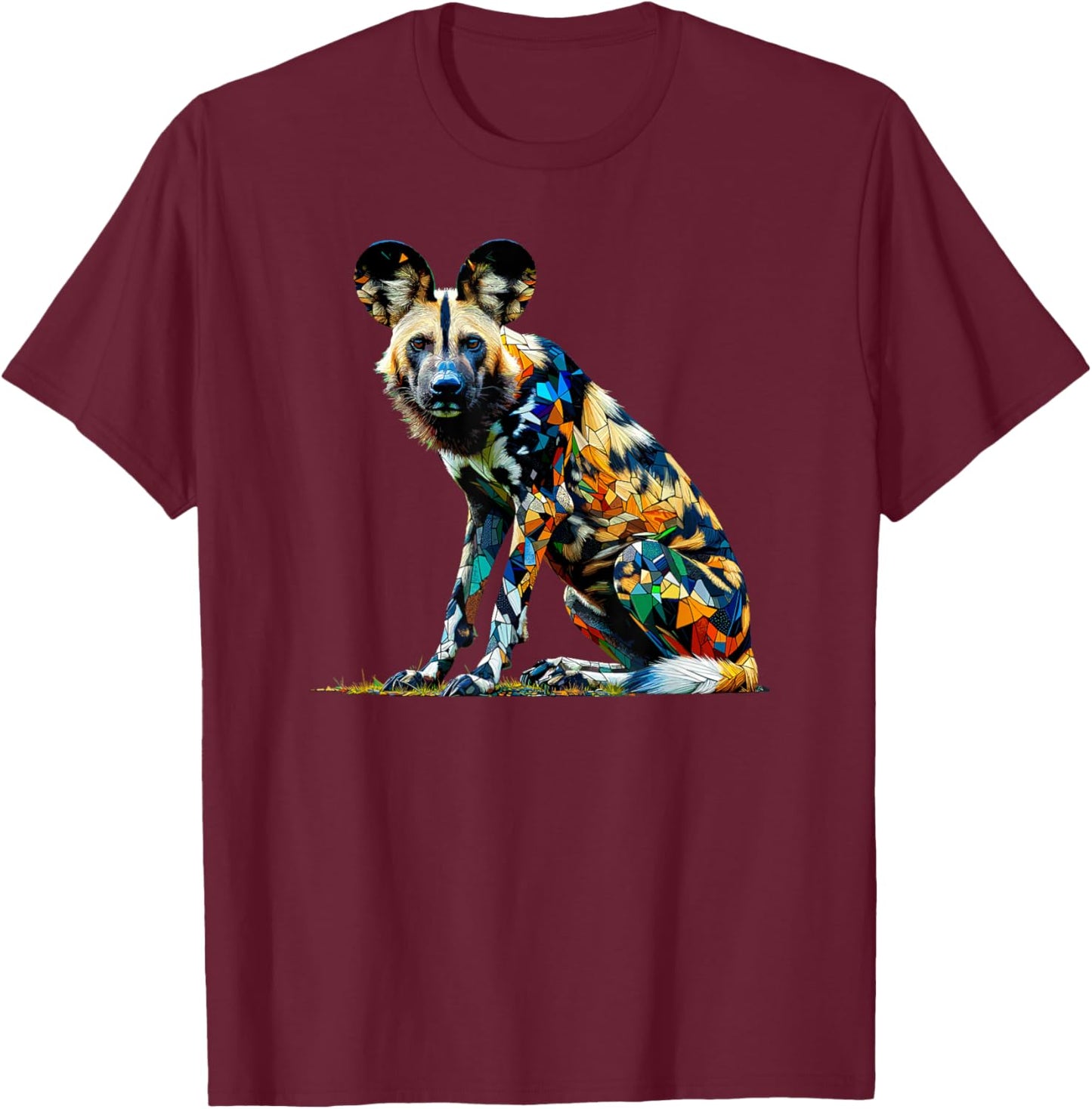 Polygon Art African Wild Dog Painted Dog T-Shirt - T-Shirt | Maroon