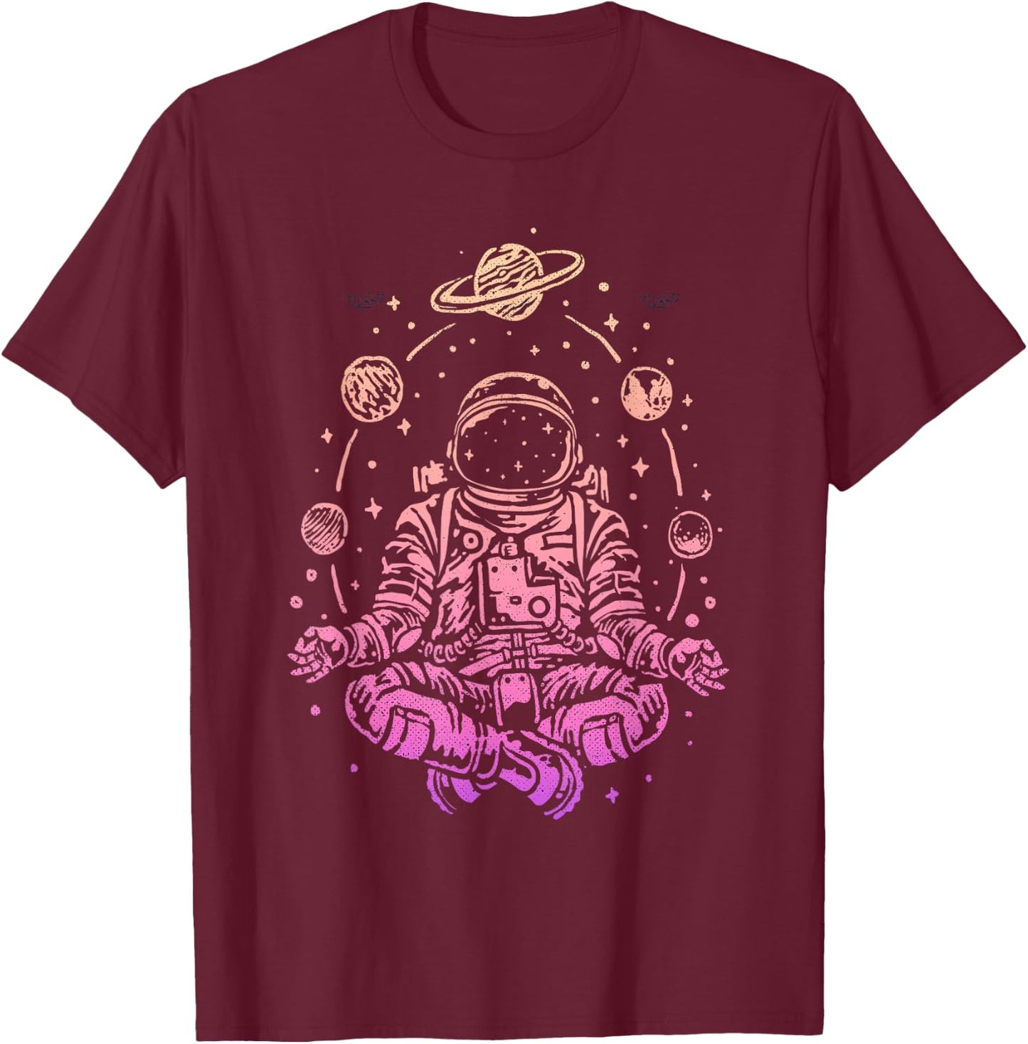 Meditating Astronaut Planets Colorful Lotus Women Meditation T-Shirt - T-Shirt | Maroon