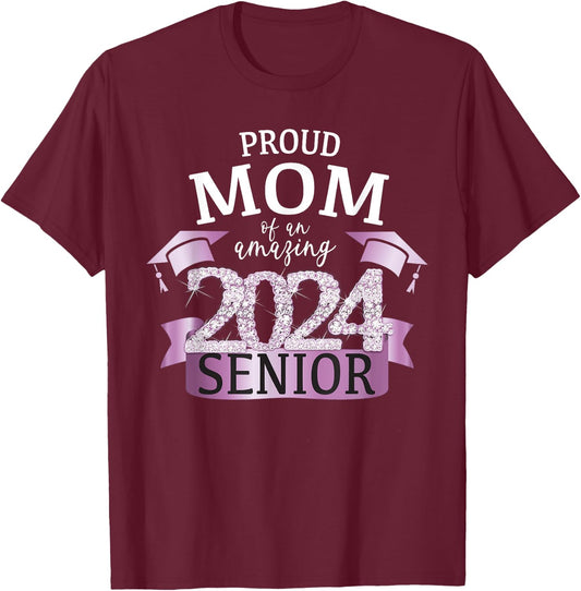 Proud 2024 Senior Mom I Elegant Purple Celebration Outfit T-Shirt - T-Shirt | Maroon