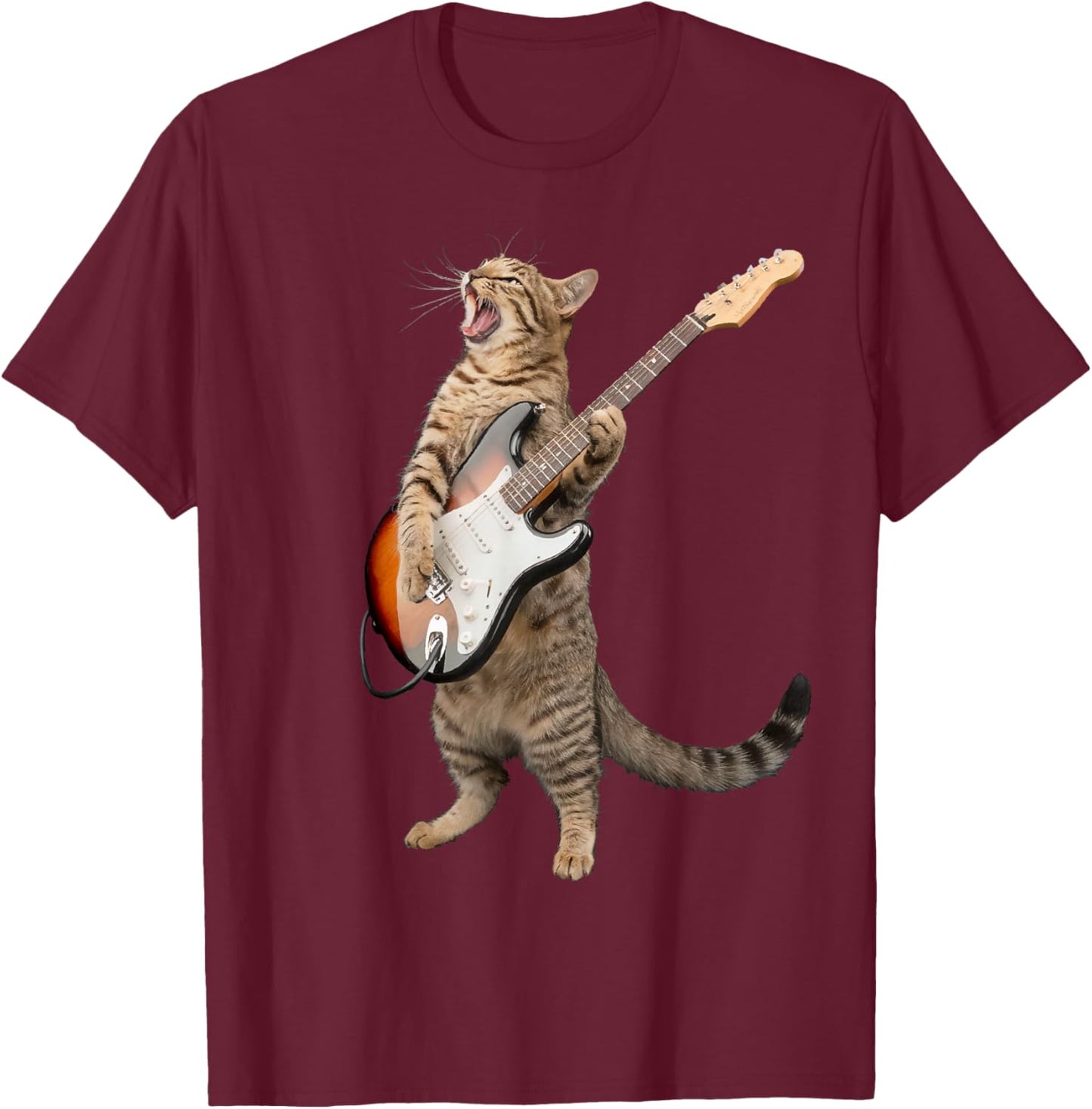 Cat Playing Guitar Shirt Kids Men Women Rock And Roll Band T-Shirt - T-Shirt | Maroon