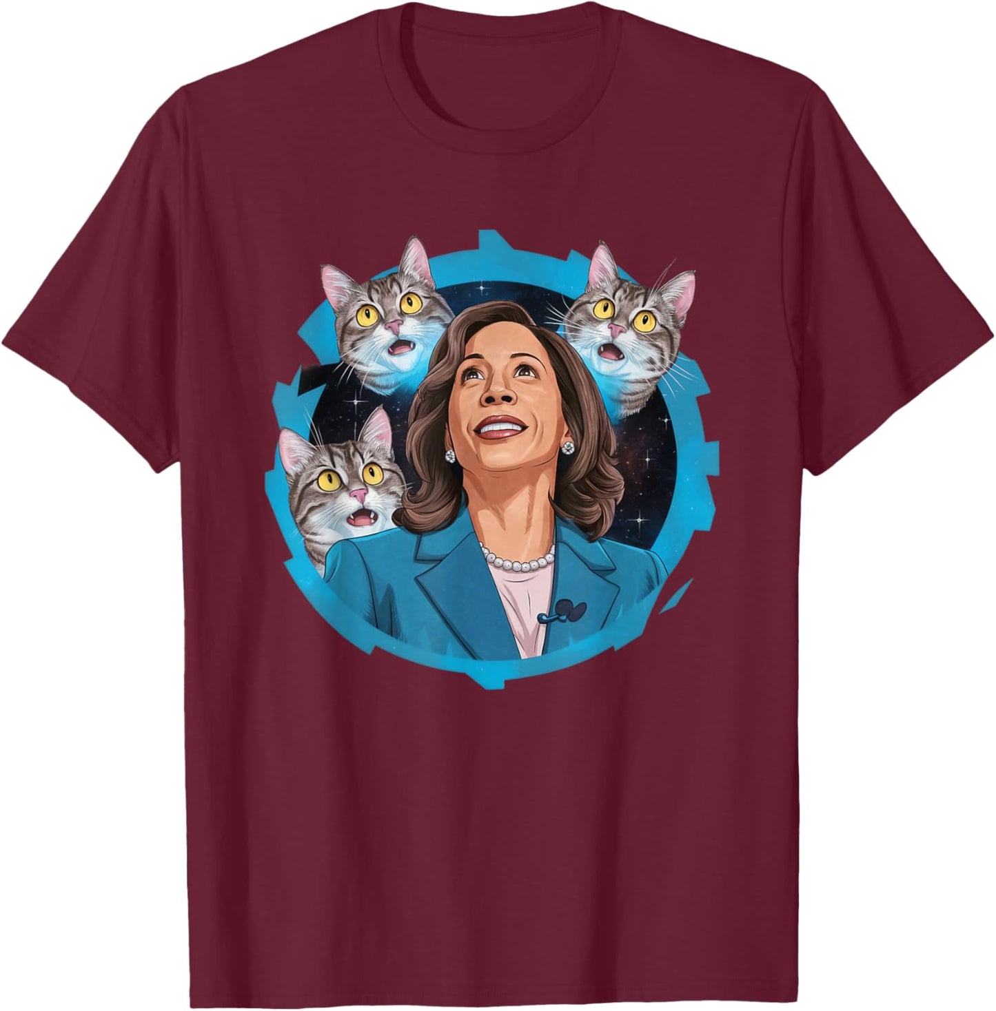 Kamala Harris and Cats In Space Funny Cat Lover Women T-Shirt - T-Shirt | Maroon
