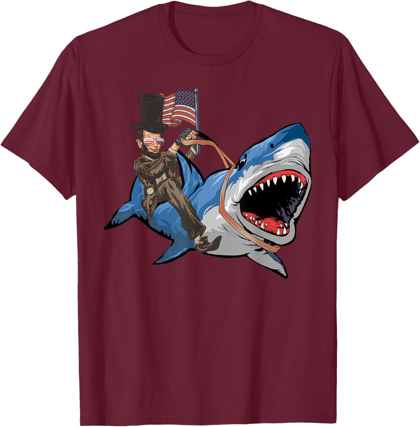 Abe Lincoln Riding Shark - Shark Lovers Shark 4th of July T-Shirt - T-Shirt | Maroon