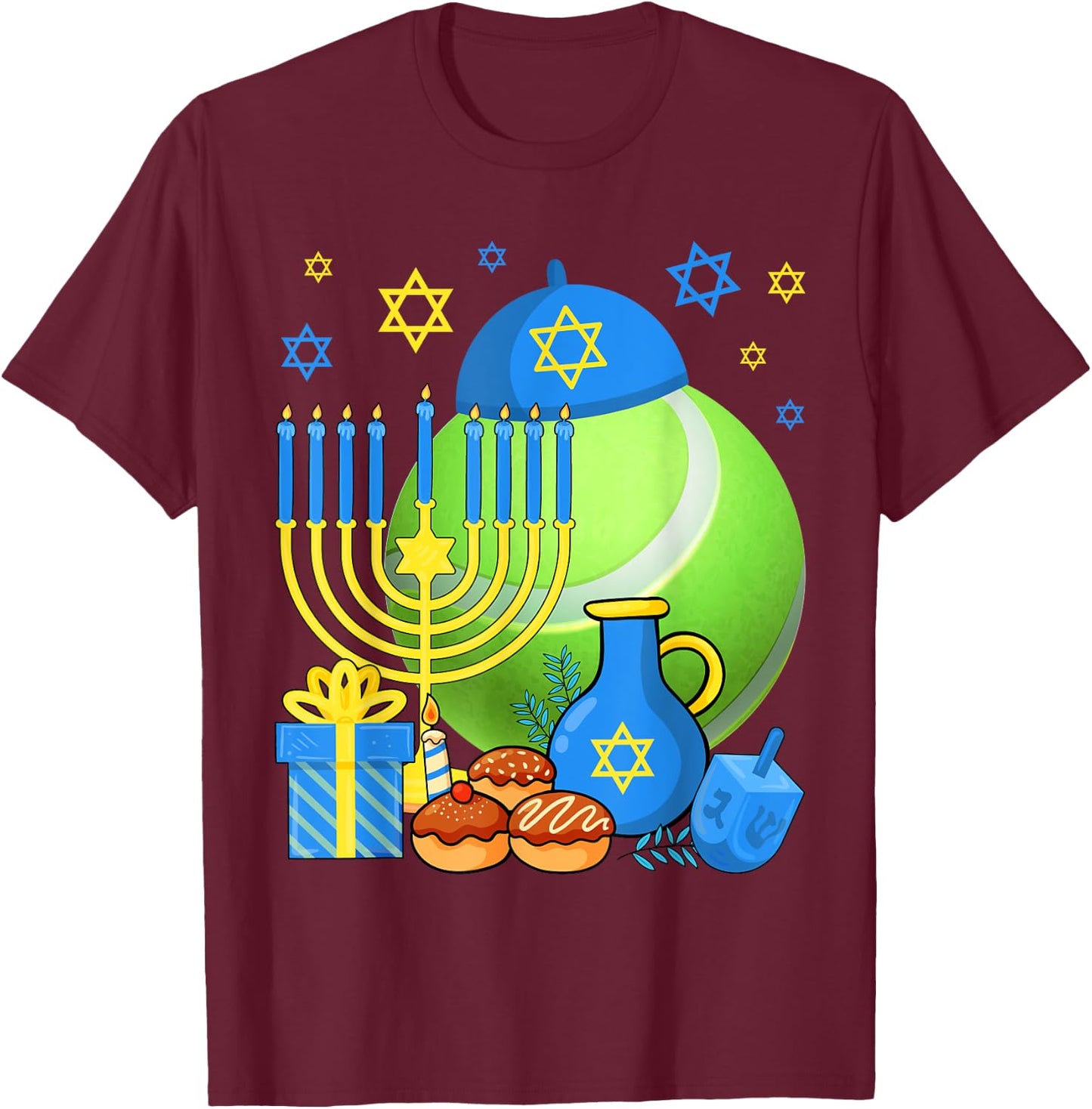 Funny Jewish Tennis Ball Menorah Happy Hanukkah Chanukah Kid T-Shirt - T-Shirt | Maroon