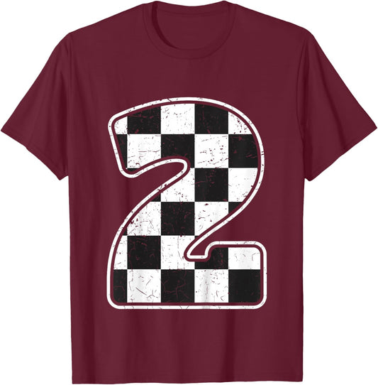 Kids Birthday Boy 2 Two Race Car 2nd Birthday Racing Car Flag T-Shirt - T-Shirt | Maroon