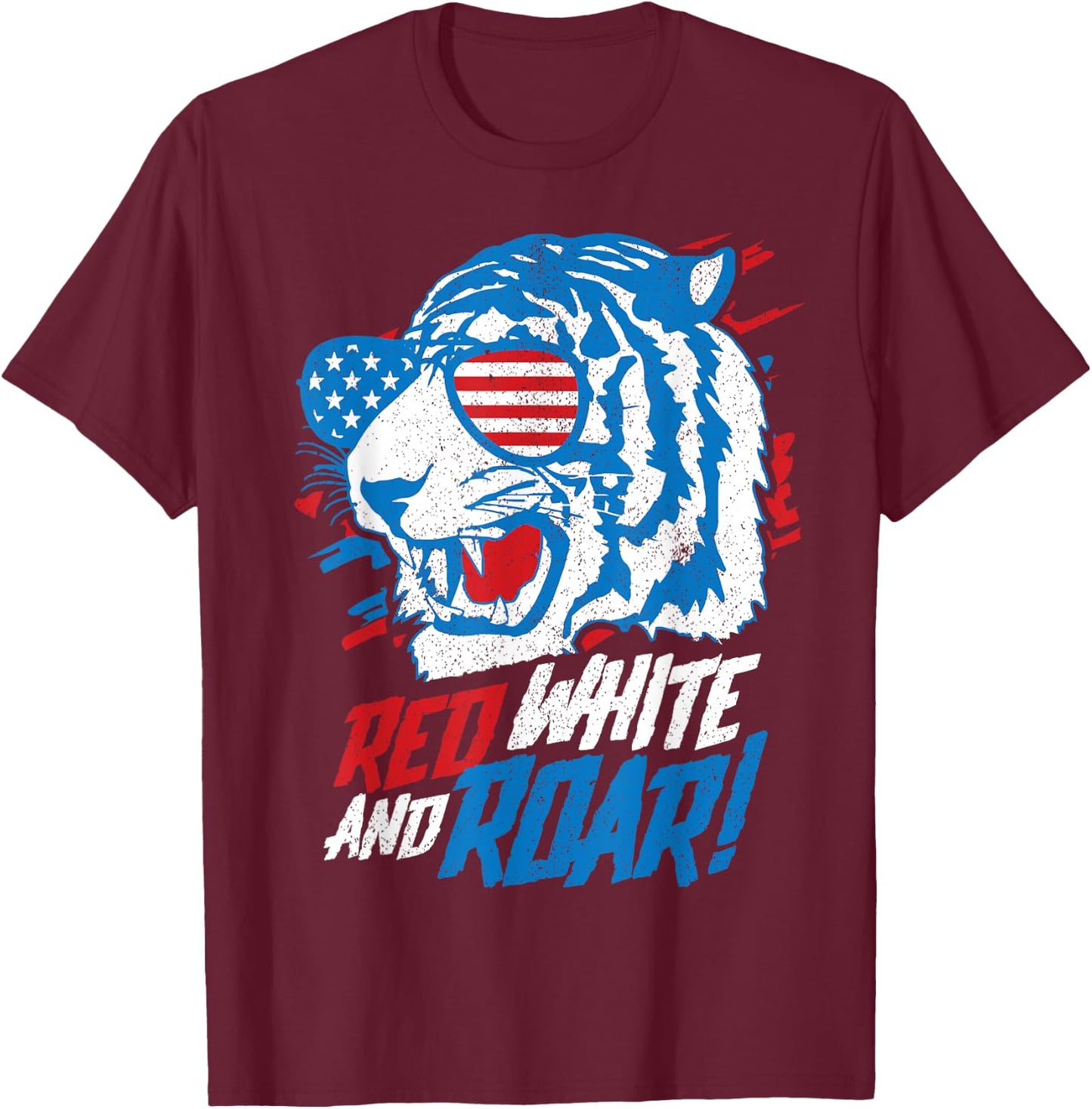 Red White And Roar Tiger Funny 4th Of July Predator Gift T-Shirt - T-Shirt | Maroon