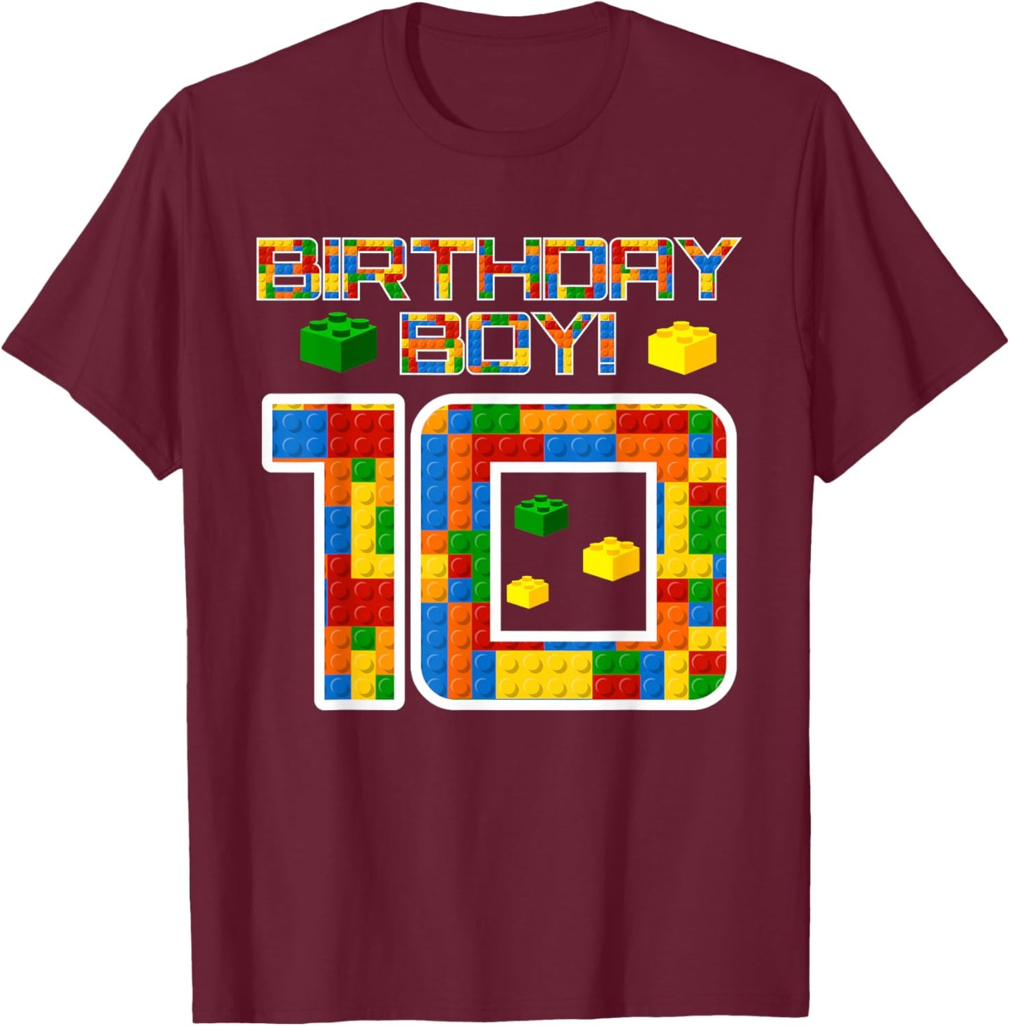 Cute 10th Birthday Gift 10 Years Old Block Building Boys T-Shirt - T-Shirt | Maroon