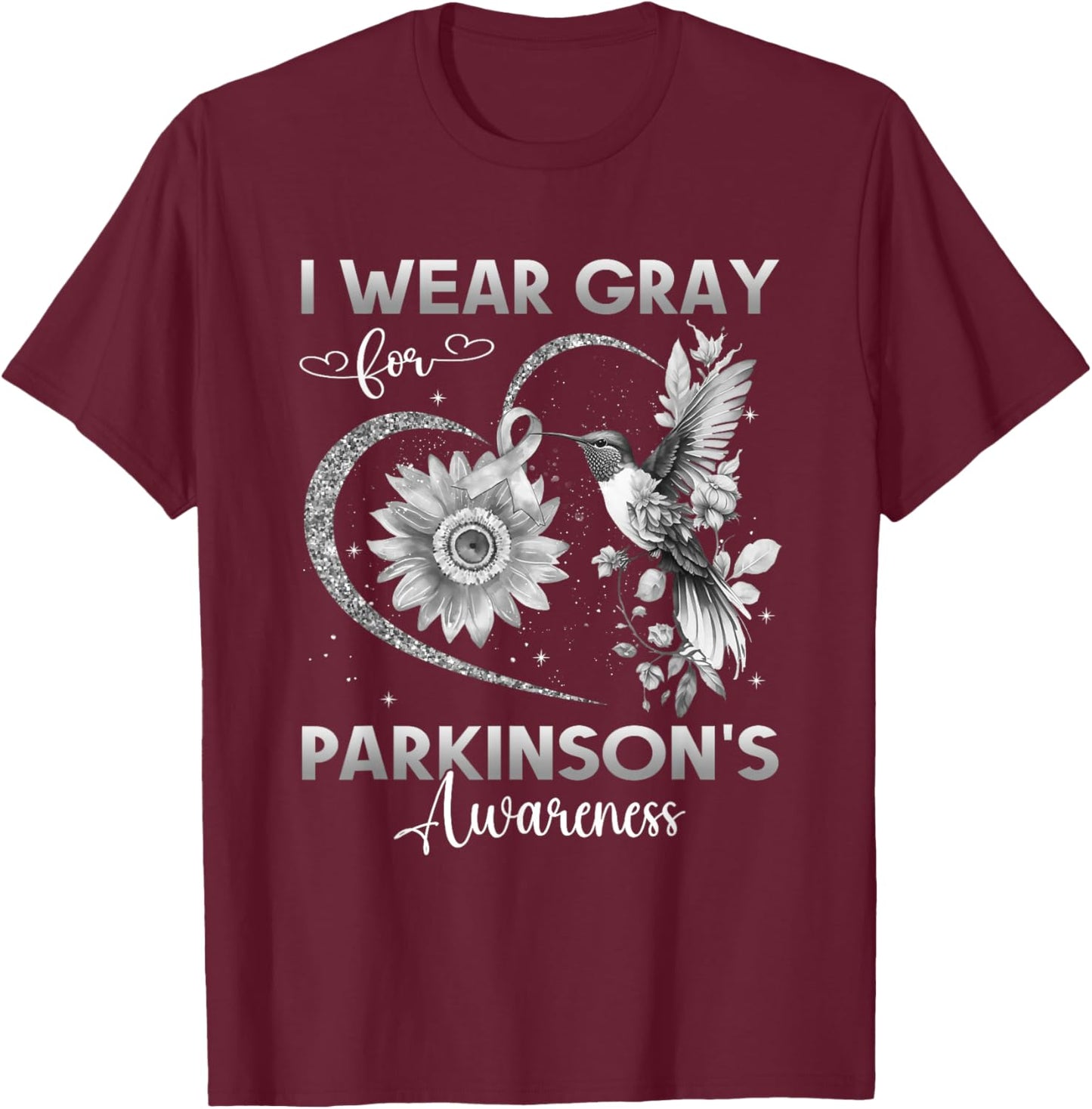 I Wear Gray For Parkinson's Awareness Hummingbird Sunflower T-Shirt - T-Shirt | Maroon