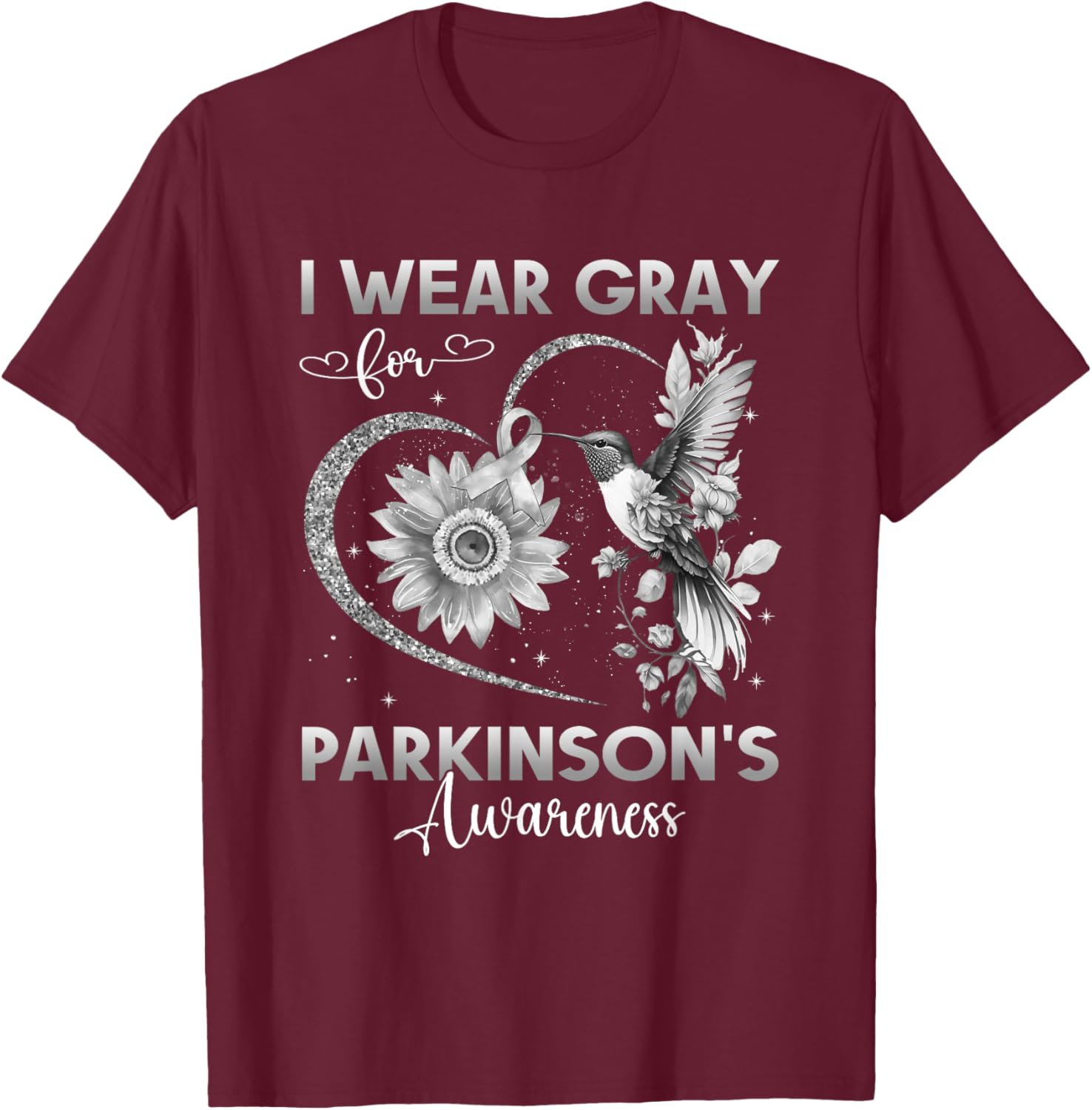 I Wear Gray For Parkinson's Awareness Hummingbird Sunflower T-Shirt - T-Shirt | Maroon