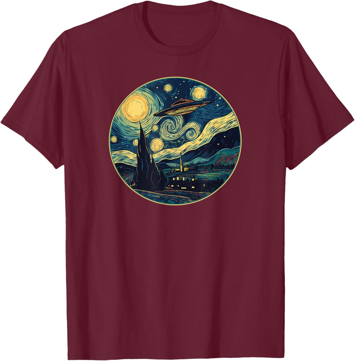 UFO Aliens and Bigfoot Impressionist Style Novelty UAP T-Shirt - T-Shirt | Maroon