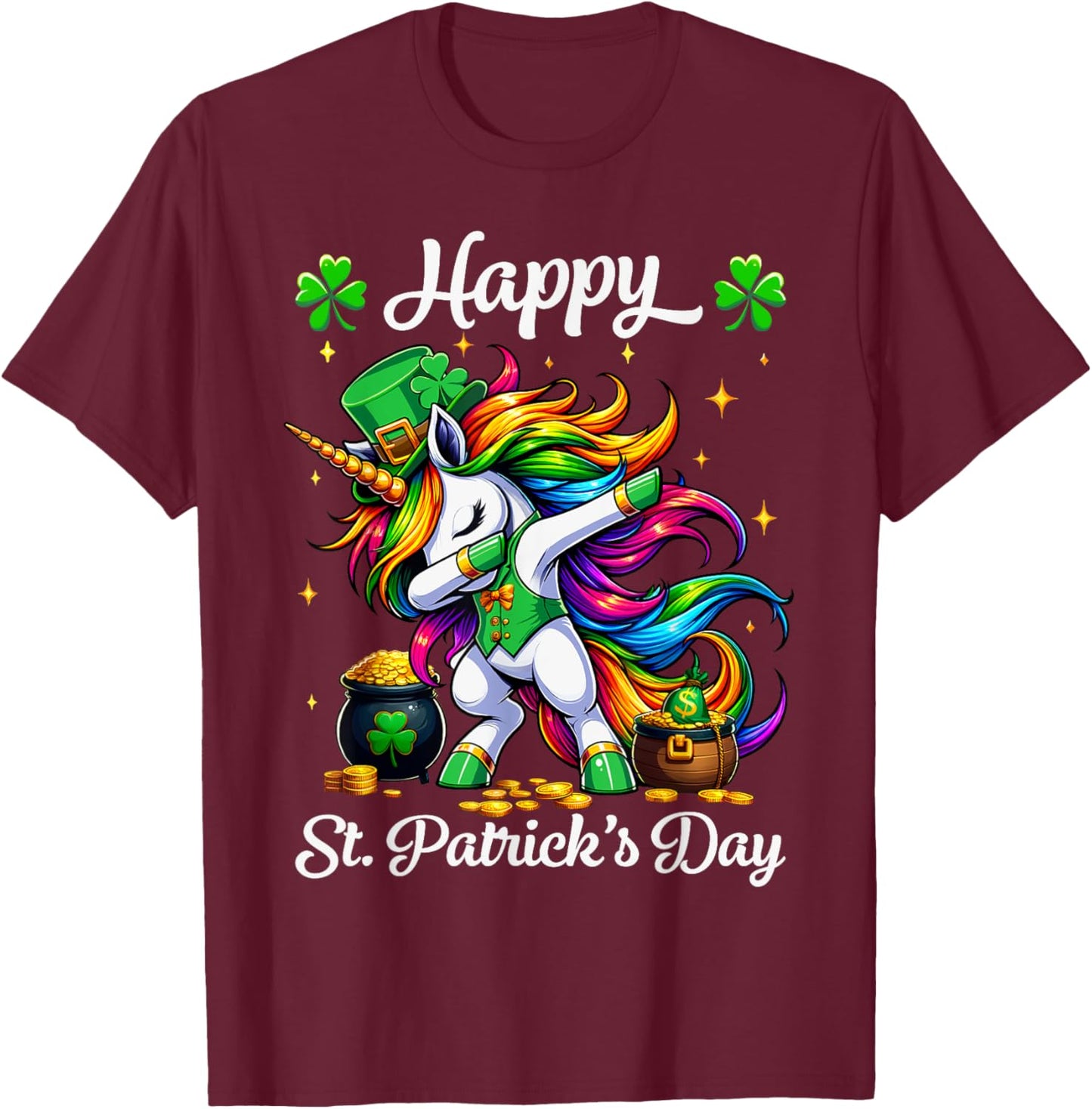 St Patricks Day Dabbing Unicorn Girls Happy St Paddys day T-Shirt - T-Shirt | Maroon