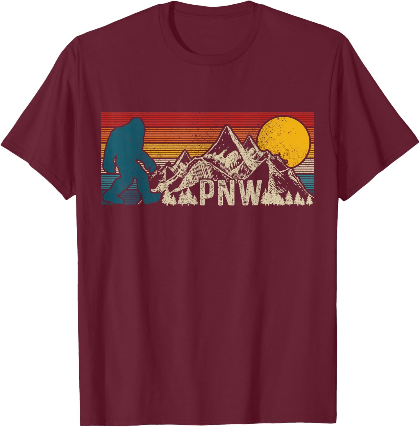 PNW Pacific Northwest Bigfoot Vintage Nature Outdoor T-Shirt - T-Shirt | Maroon