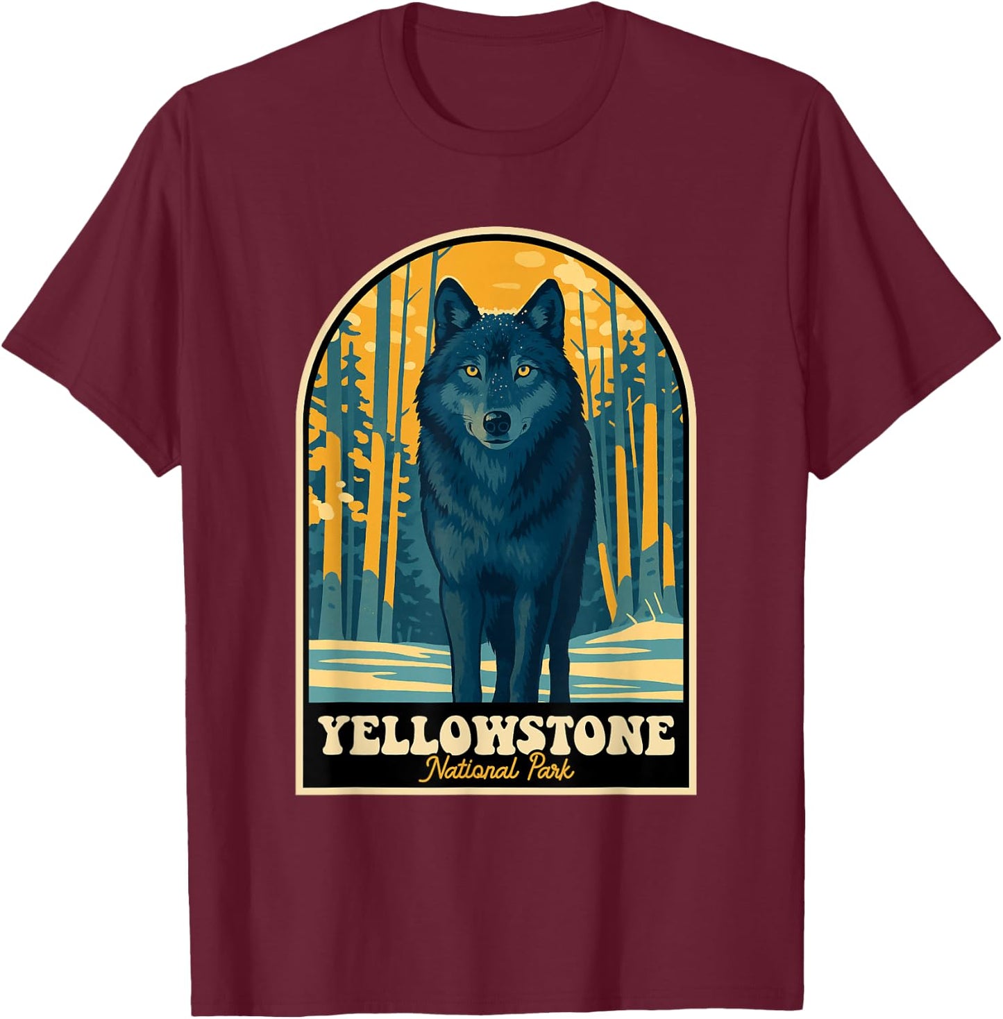 Yellowstone Wolf Vintage National Park Poster T-Shirt - T-Shirt | Maroon