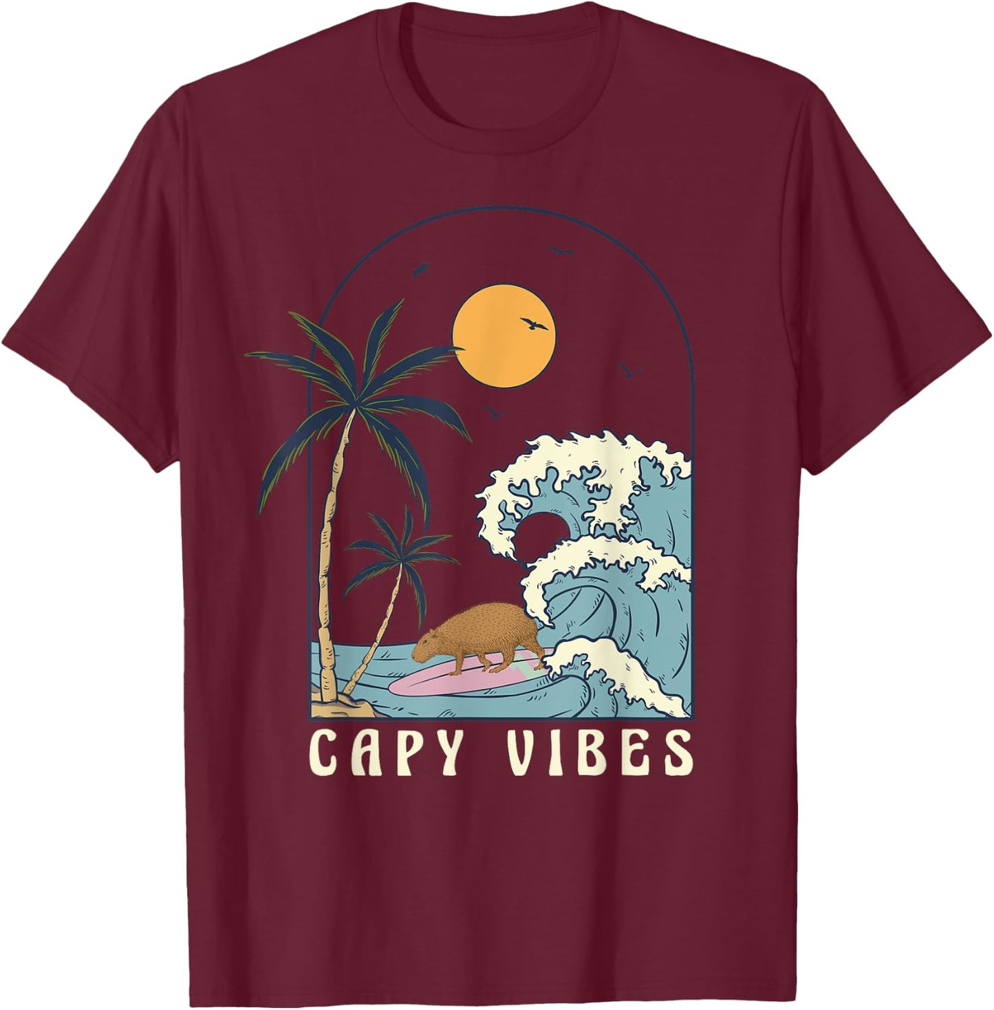 Capybara Surfing at Beach Sunset Summer Surf Capy Vibes Women Girls Kids T-Shirt - T-Shirt | Maroon
