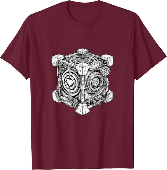 Steampunk Companion Cube with Portal-shaped Apertures T-Shirt - T-Shirt | Maroon