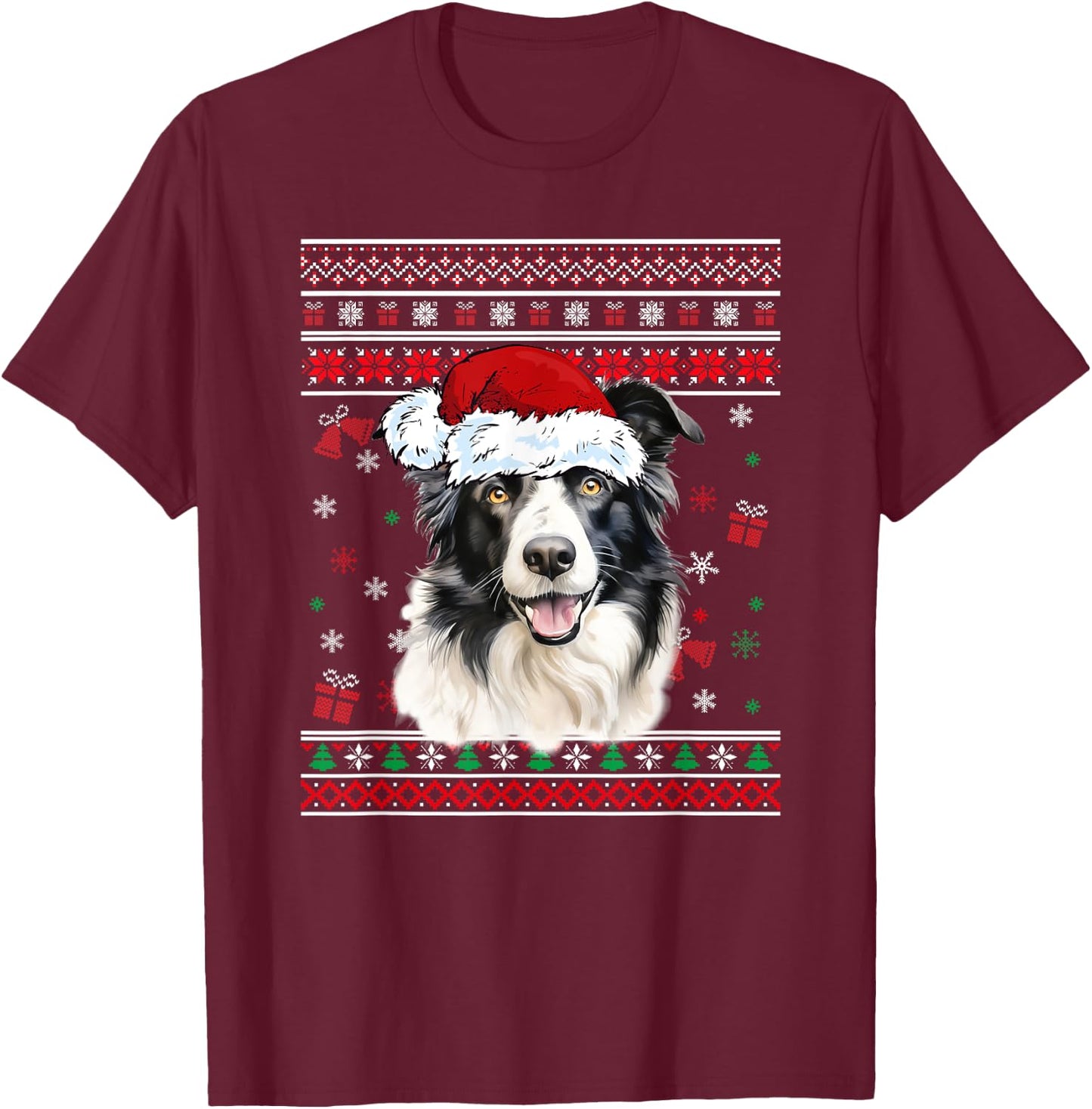 Border collie Dog Christmas Pajama Ugly Christmas Sweater Men Women Kids T-Shirt - T-Shirt | Maroon
