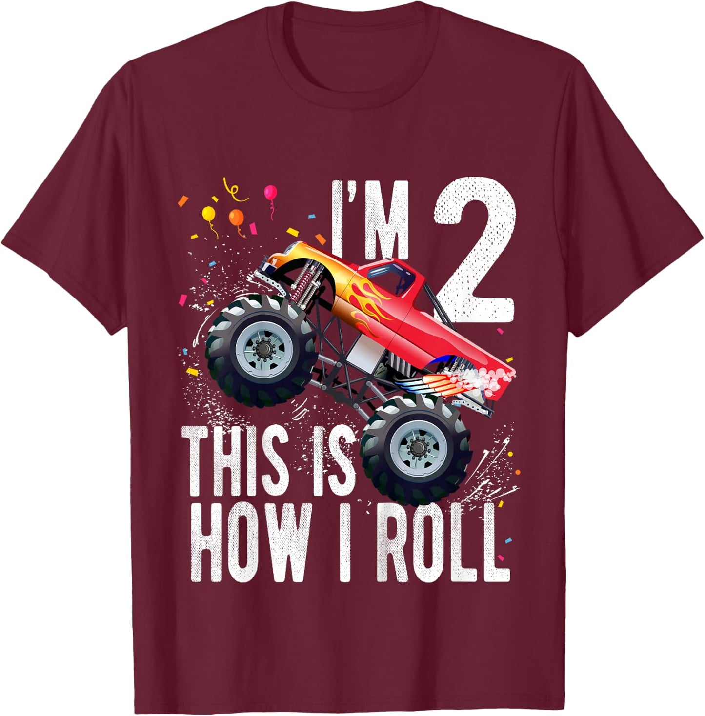 2 Year Old 2nd Birthday Boy Monster Truck Car T-Shirt - T-Shirt | Maroon