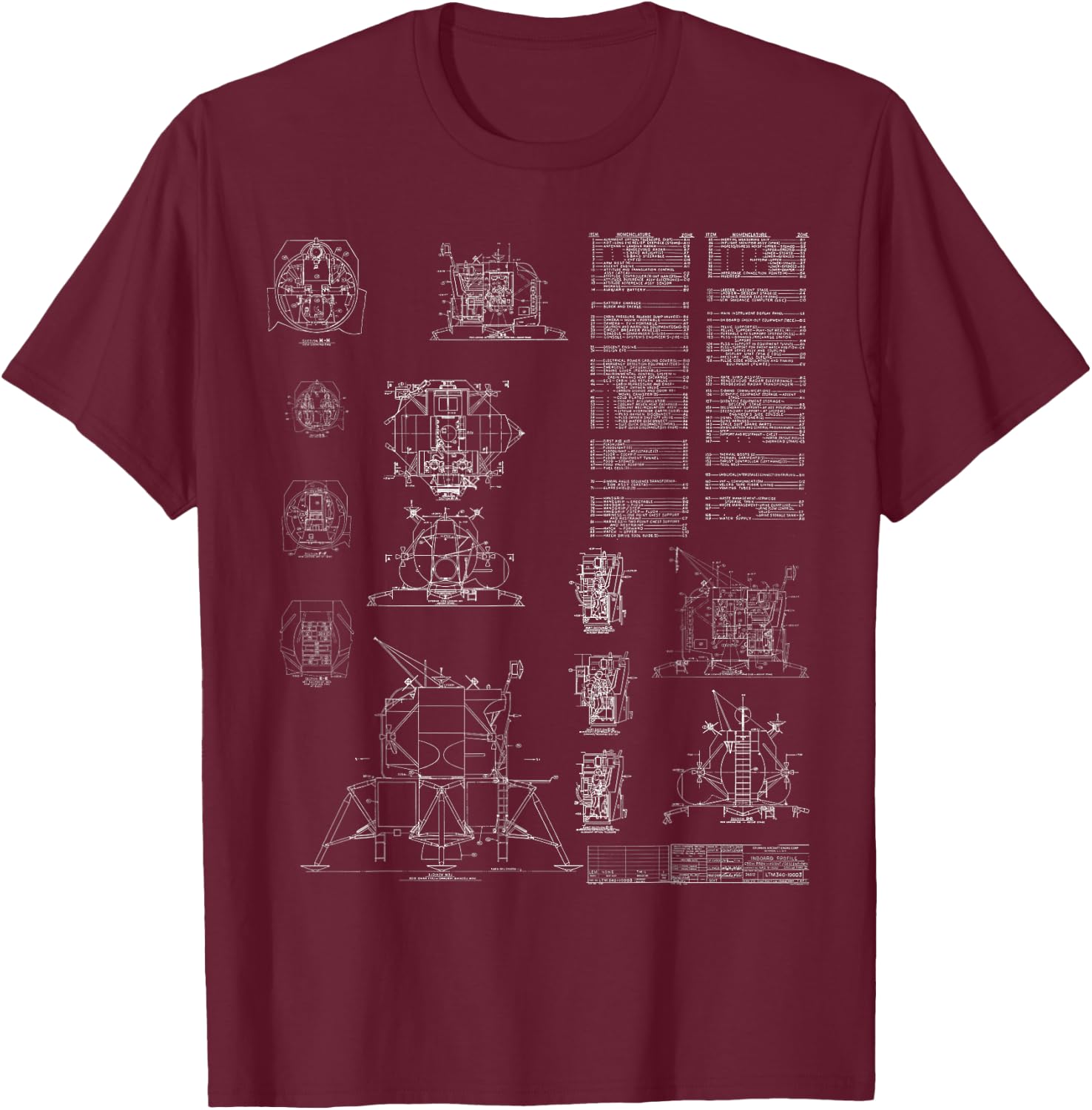 Apollo Lunar Module Lander Spacecraft Engineering Blueprint T-Shirt - T-Shirt | Maroon
