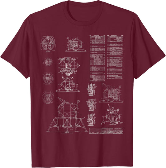 Apollo Lunar Module Lander Spacecraft Engineering Blueprint T-Shirt - T-Shirt | Maroon