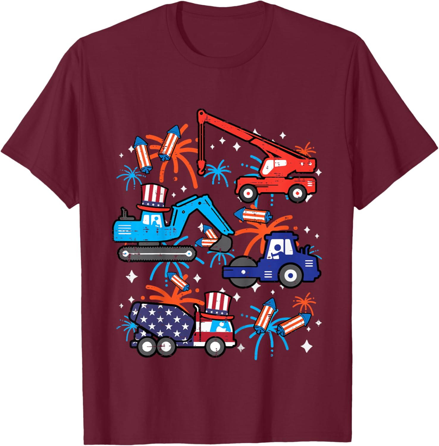 Kids 4th July Construction Trucks Vehicle Patriot Boy Kid Toddler T-Shirt - T-Shirt | Maroon