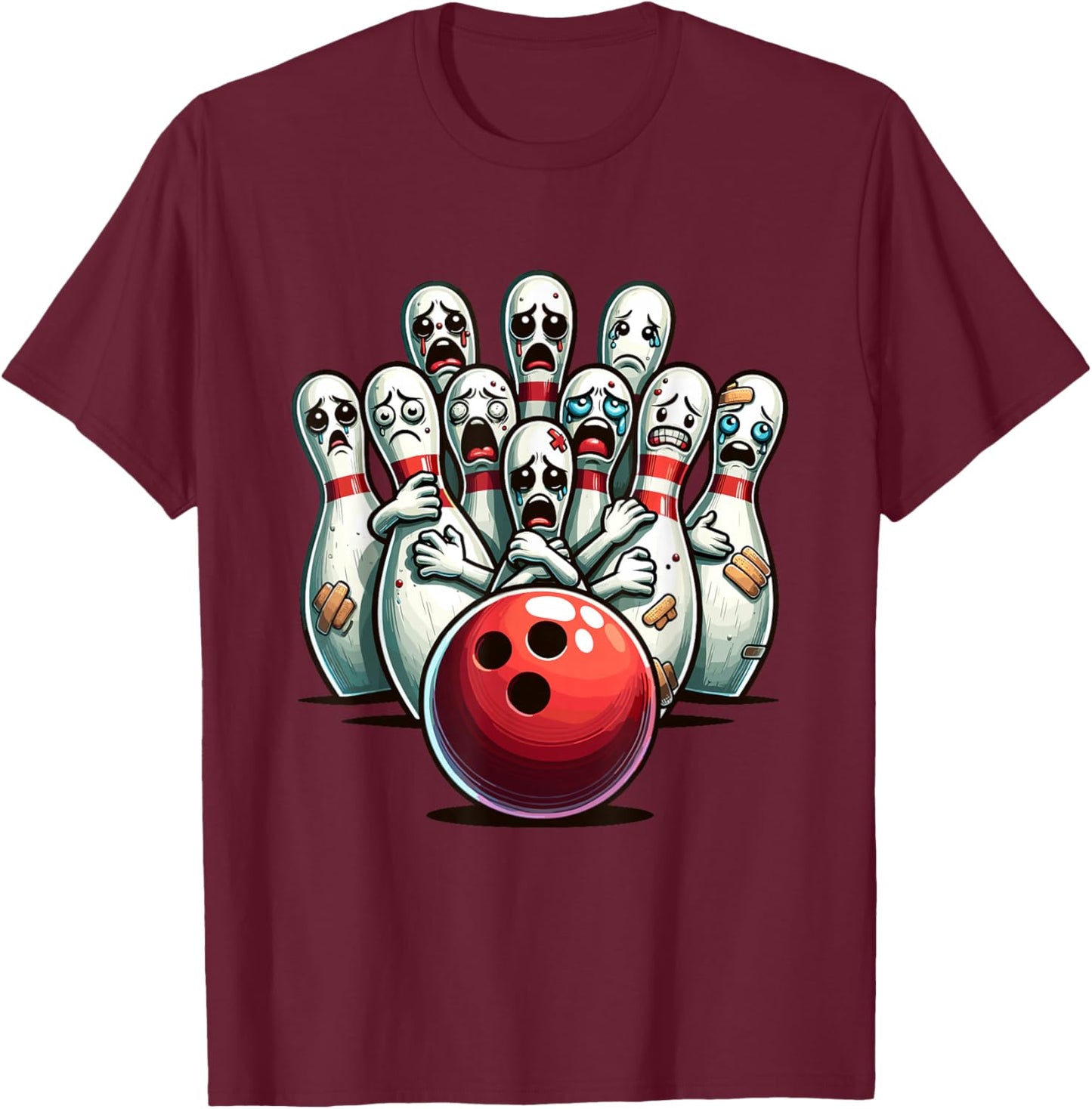 Funny Bowling Pin Faces For Bowling Lover, Men Kids Bowler T-Shirt - T-Shirt | Maroon