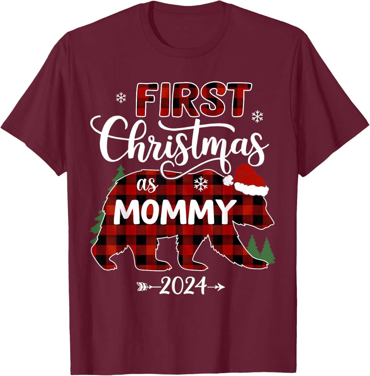 First Christmas As Mommy Red Bear Santa Hat 2024 Pregnancy T-Shirt - T-Shirt | Maroon