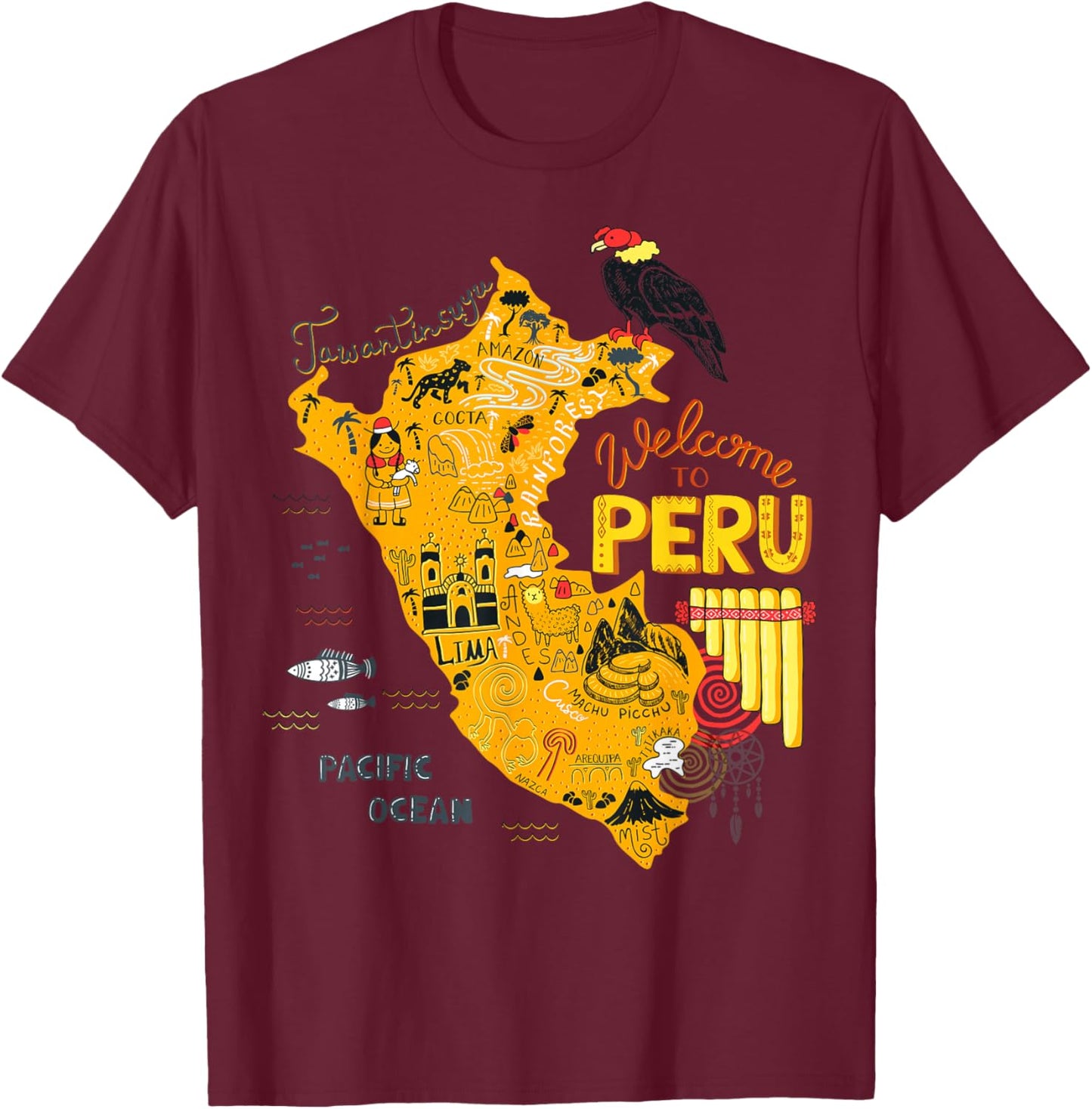 Travel Peru Map Lima Machu Picchu Cusco Family Vacation T-Shirt - T-Shirt | Maroon