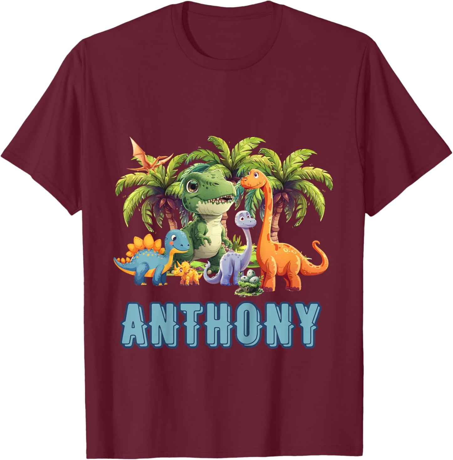 Kids ANTHONY Name Dinosaur Themed Baby Boy Toddler Cute Fun T-Shirt - T-Shirt | Maroon