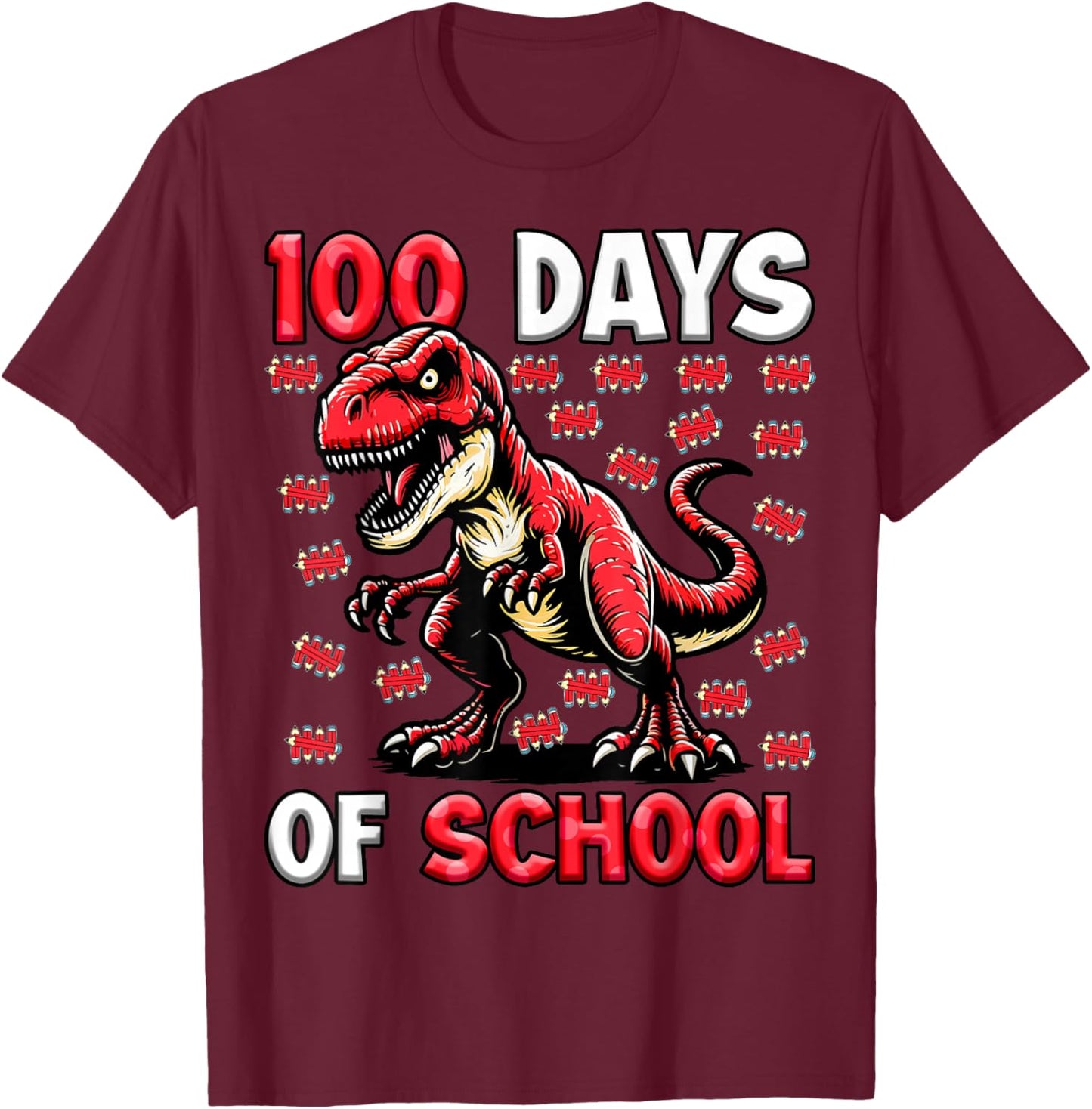 100 Days of School T-Rex Kids Boys 100th Day of School T-Shirt - T-Shirt | Maroon
