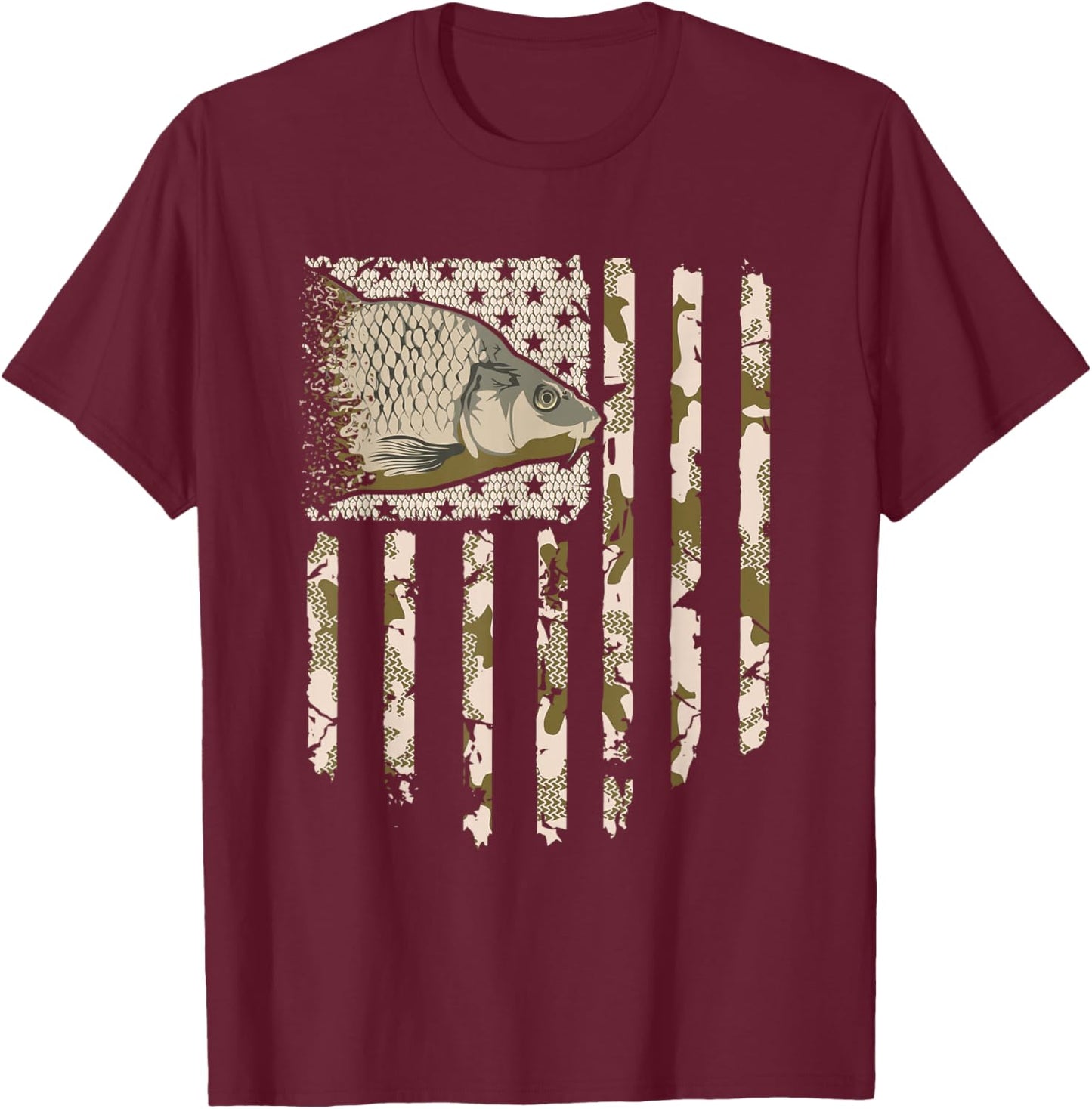 Carp Fishing Camo American Flag Camouflage Fisherman Vintage T-Shirt - T-Shirt | Maroon