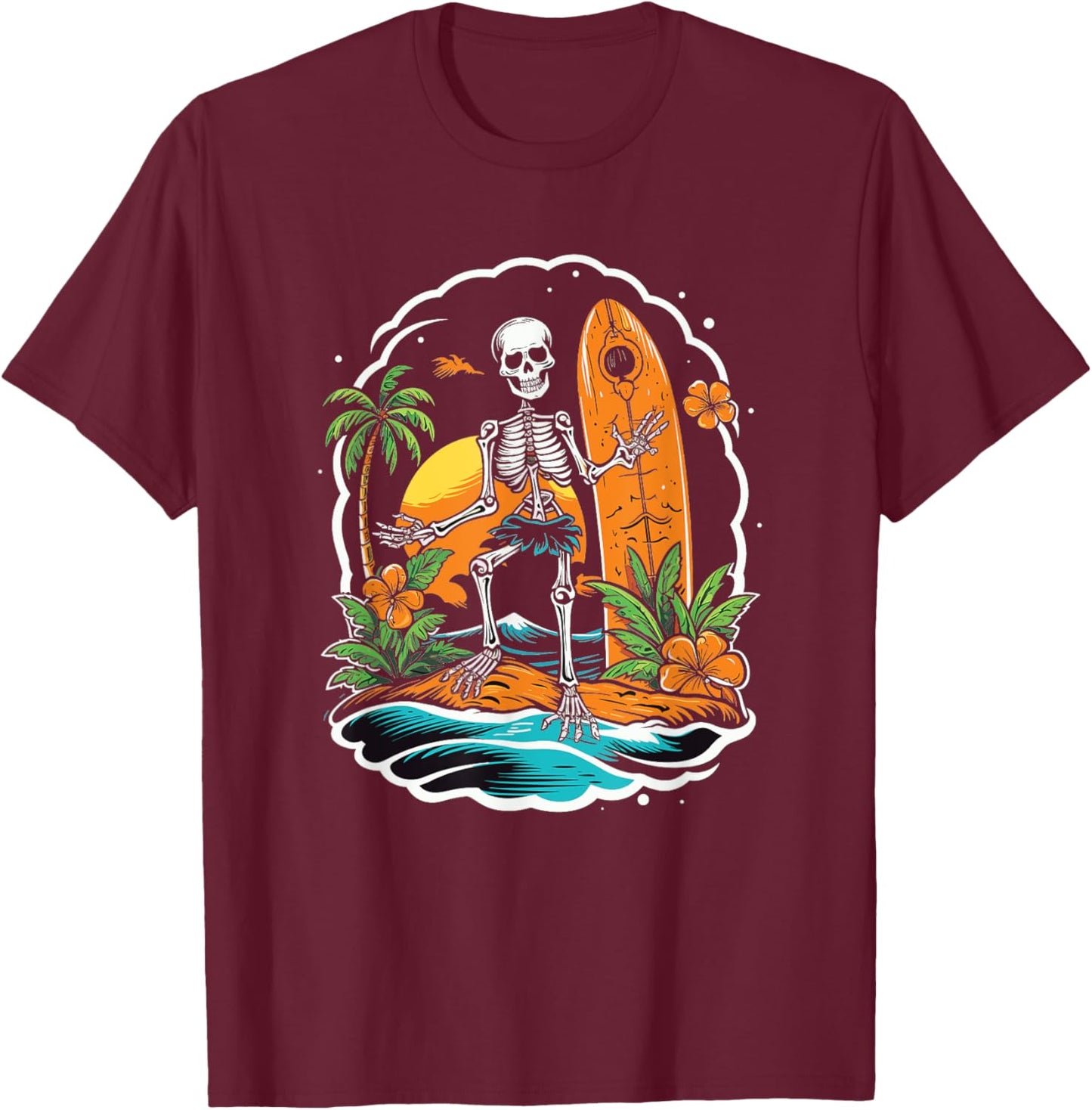 Skeleton Surfing Halloween Hawaii T-Shirt - T-Shirt | Maroon
