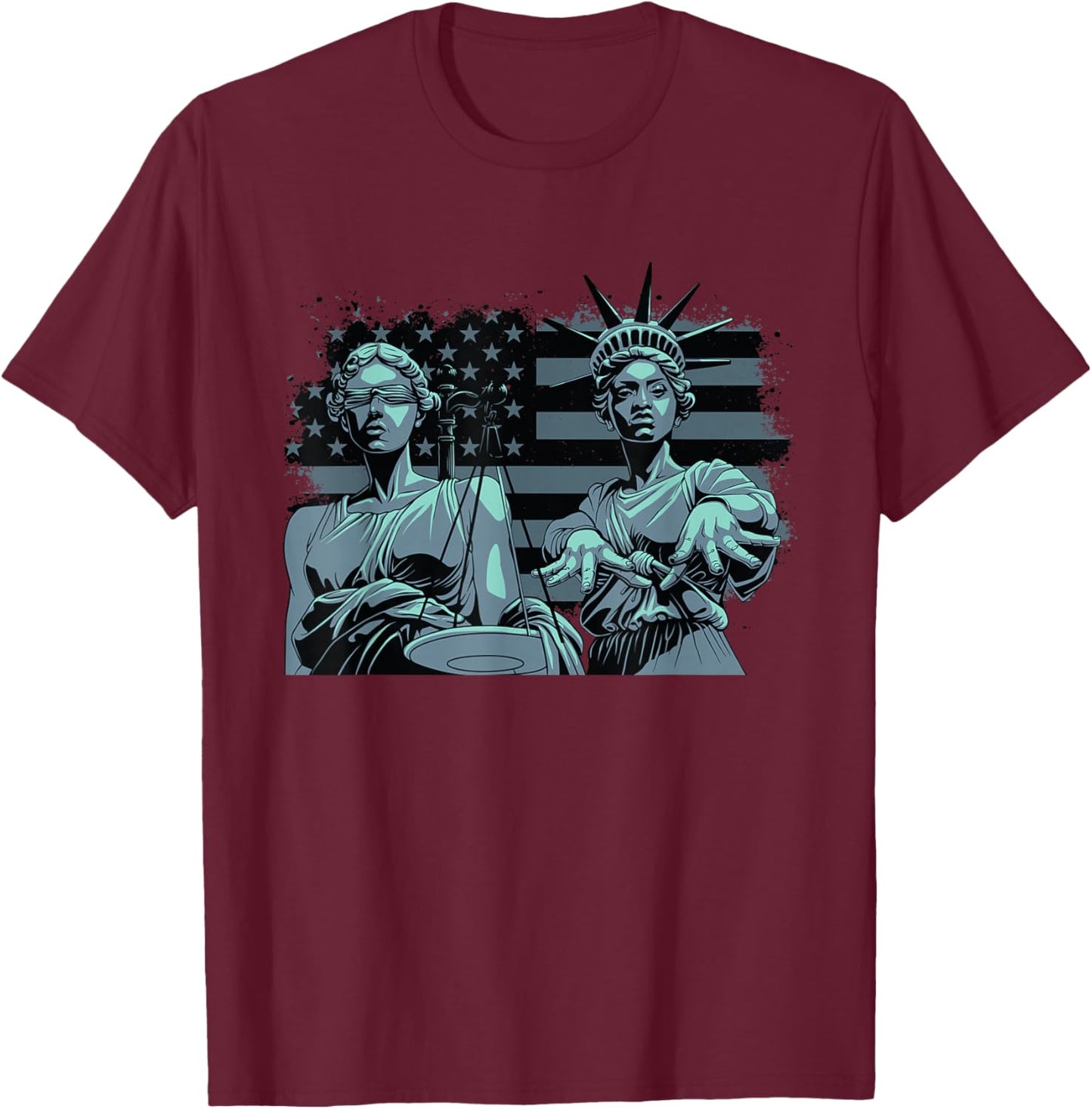 Lady Justice and Lady Liberty USA American Flag Freedom T-Shirt - T-Shirt | Maroon