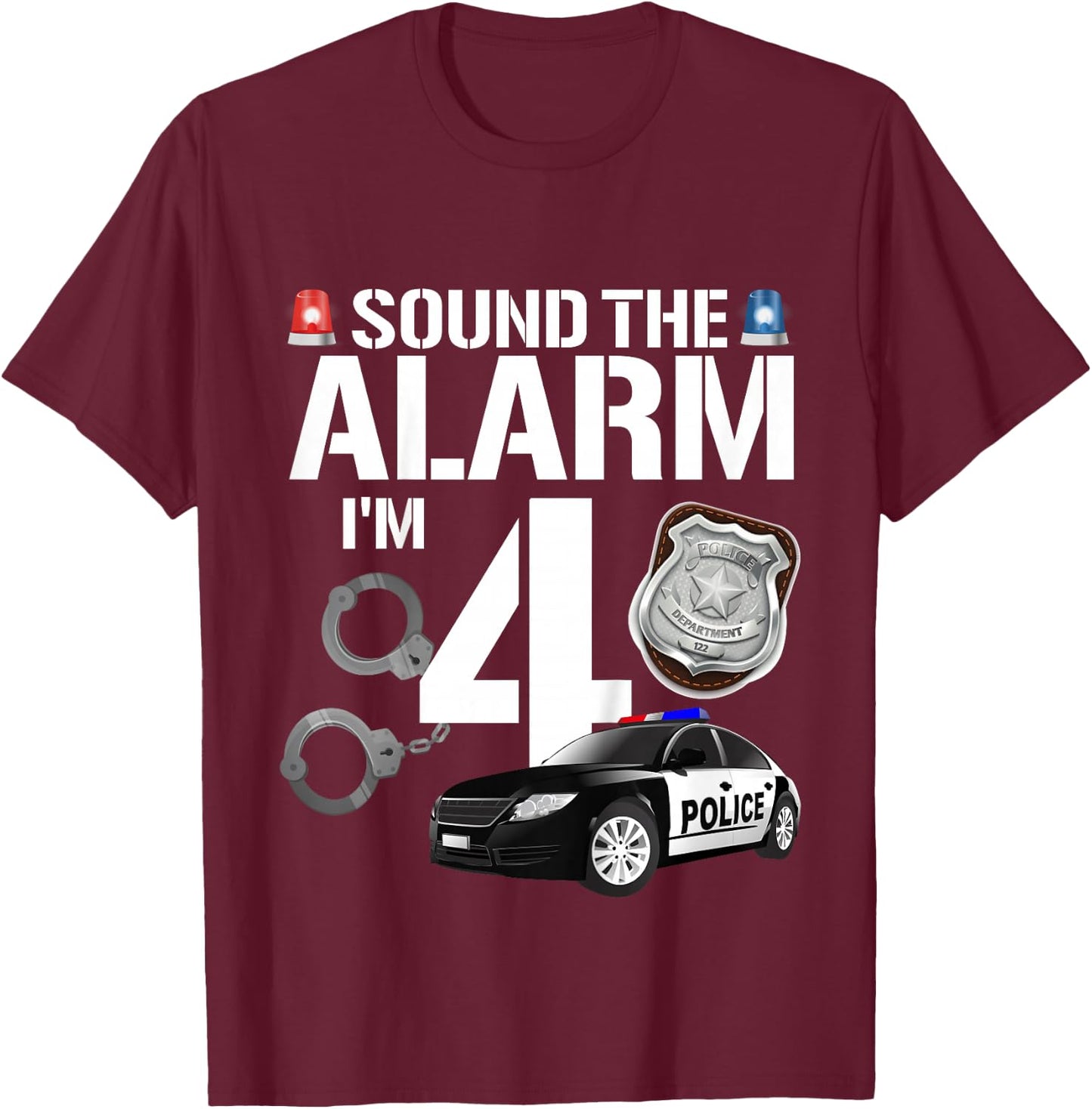 Kids 4 Year Old Police Birthday Officer Cop Car 4th Gift Boy T-Shirt - T-Shirt | Maroon