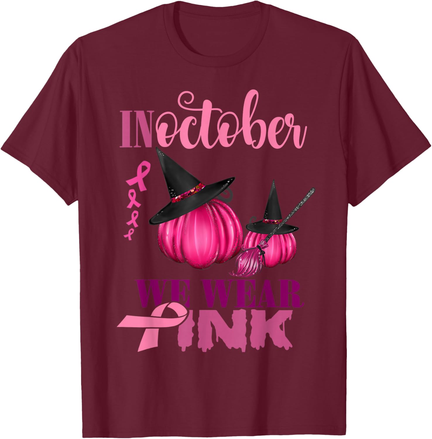 In October We Wear Pink Pumpkin Breast Cancer Halloween T-Shirt - T-Shirt | Maroon