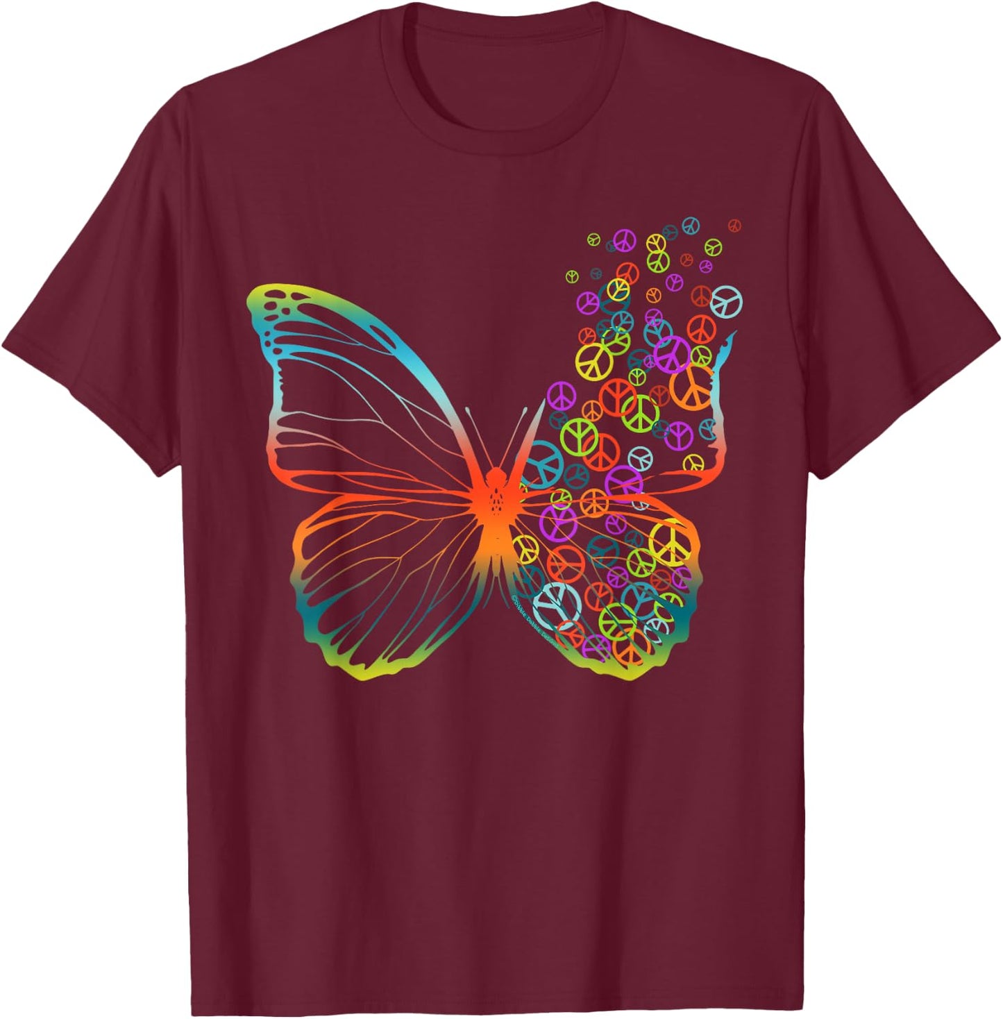 60s 70s Peace Sign Butterfly Tie Dye Peace Love Hippie T-Shirt - T-Shirt | Maroon