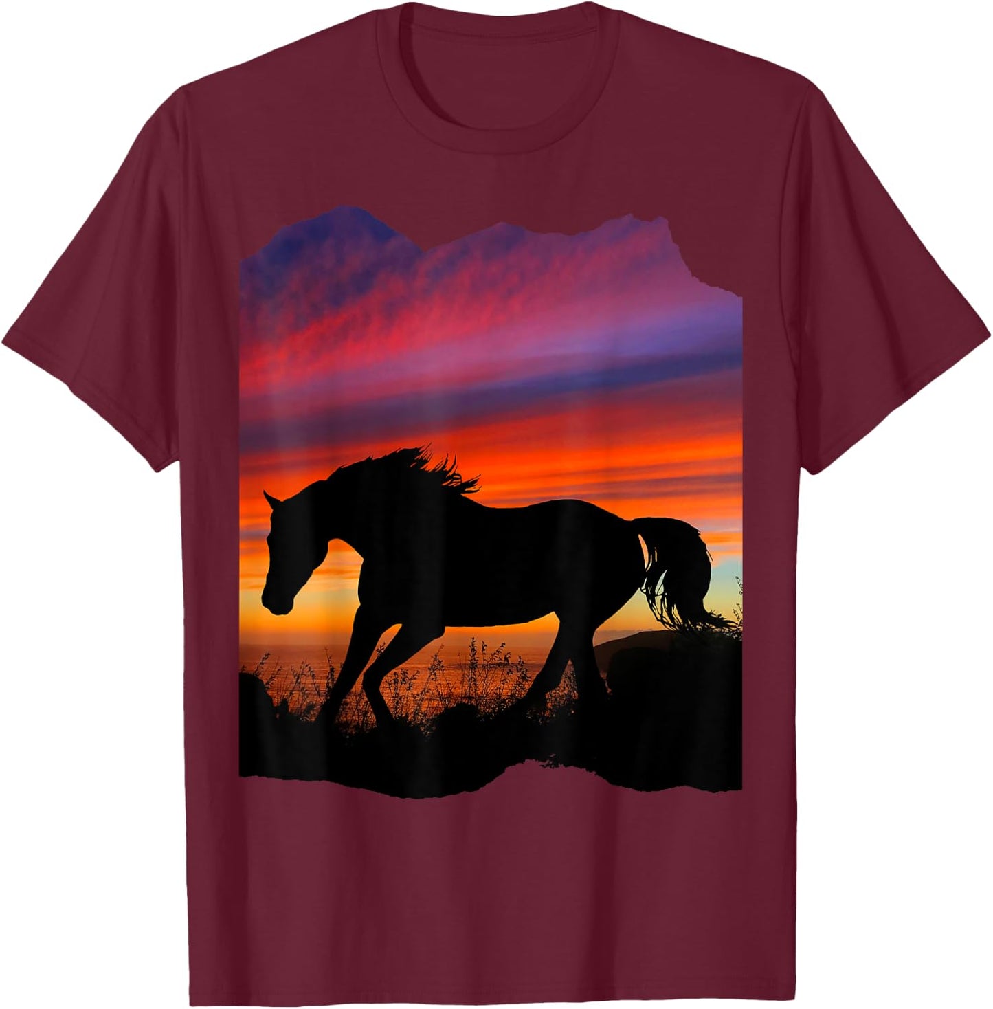 Beautiful Arabian horse sunset silhouette orange purple blue T-Shirt - T-Shirt | Maroon