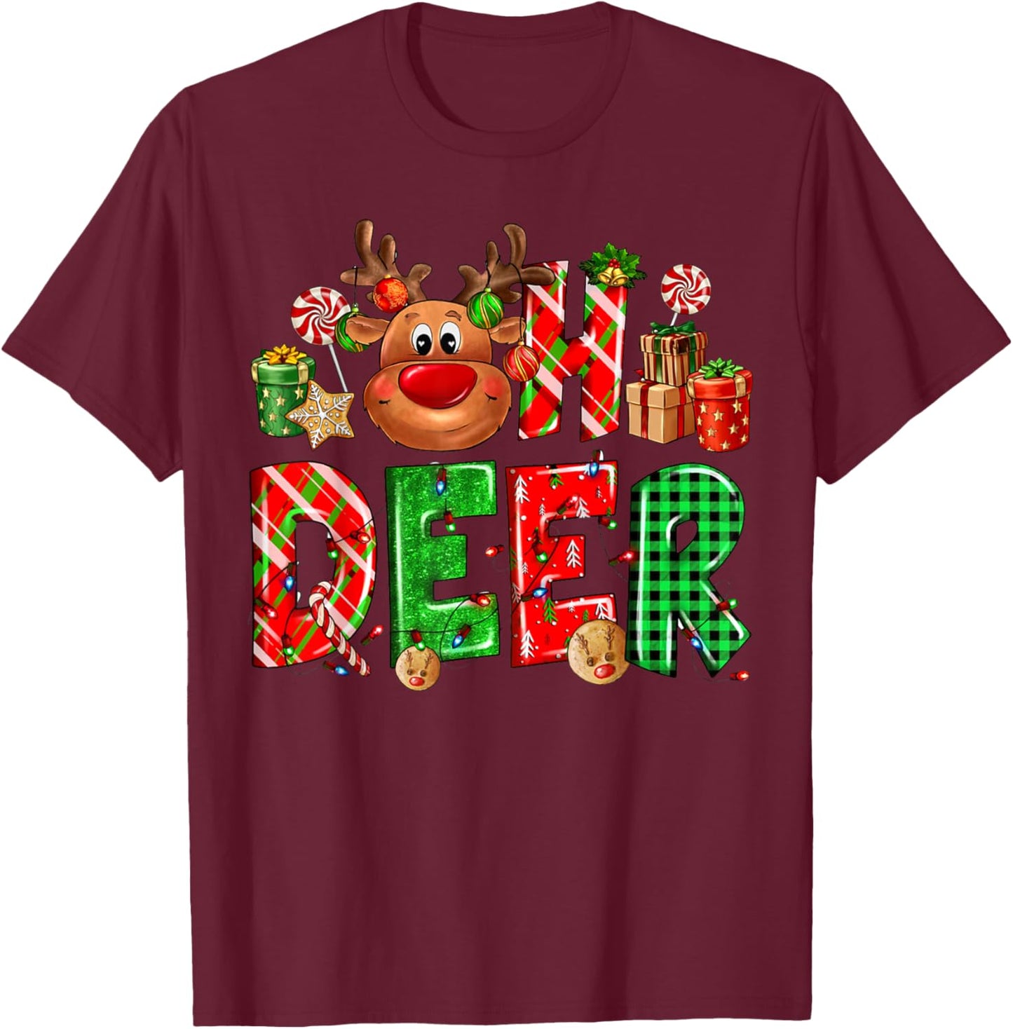 Oh deer Reindeer Merry Christmas Happy New Year T-Shirt - T-Shirt | Maroon